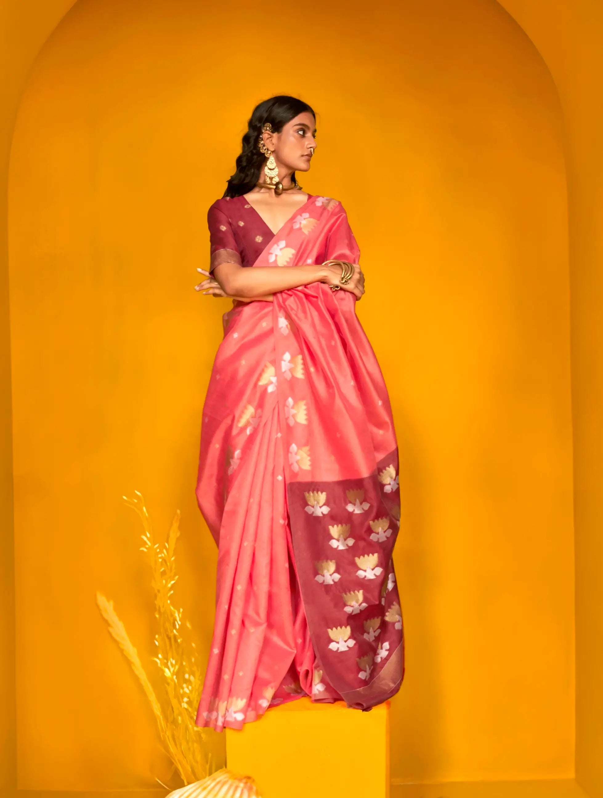 Peach Tussar Silk Zari Weaving Work Saree - qivii