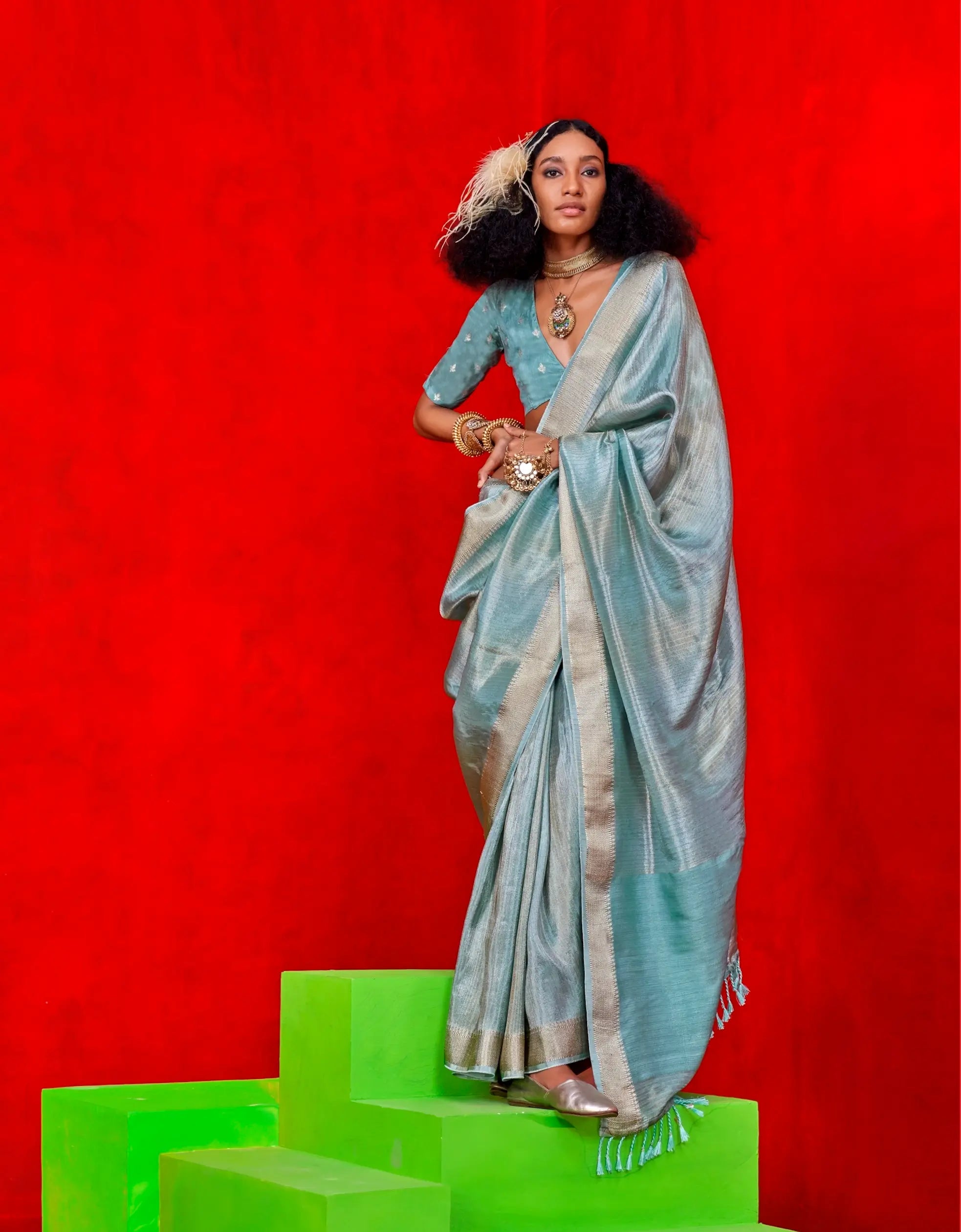 Sky Blue Viscose Tissue Zari Weaving Work Saree - qivii