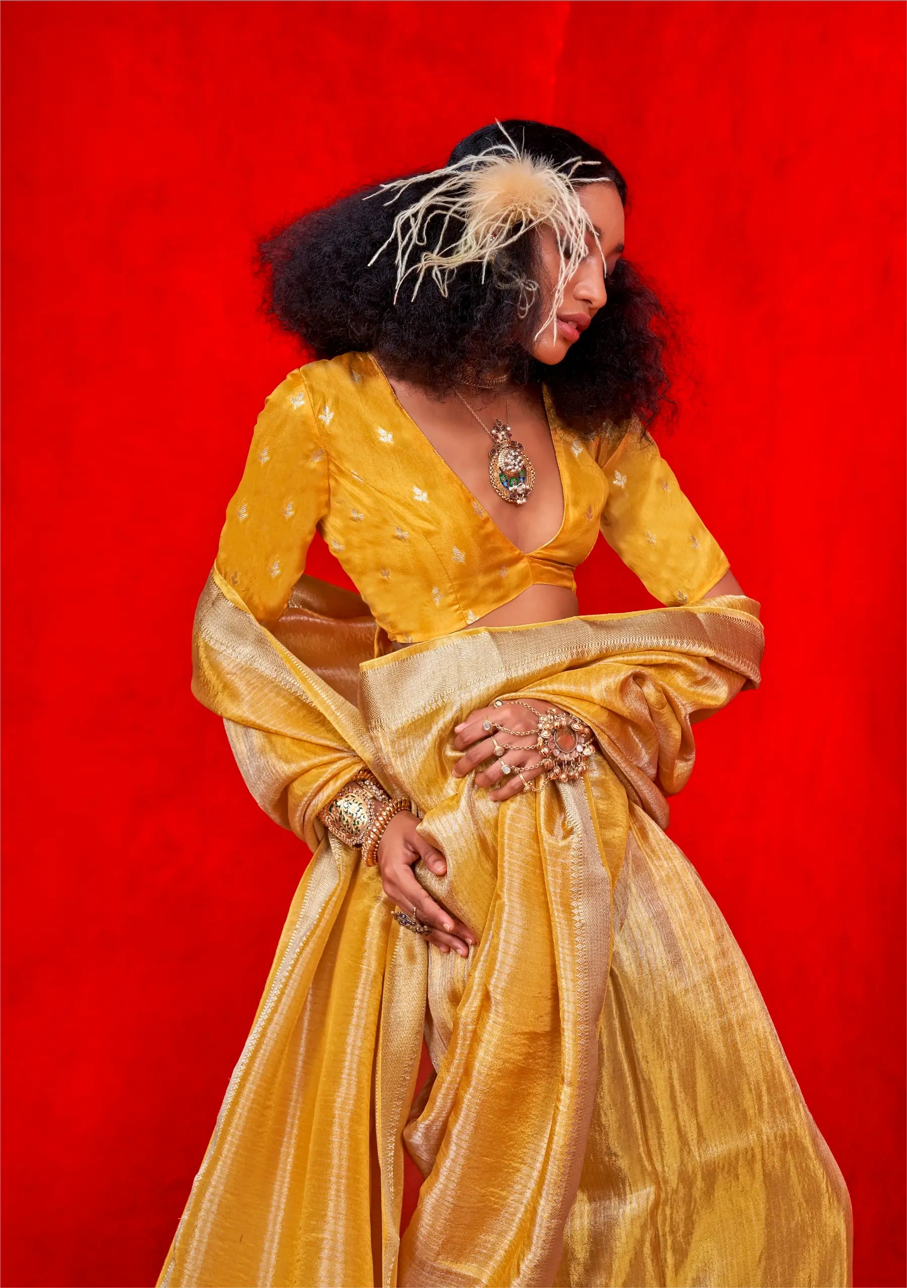 Yellow Viscose Tissue Zari Weaving Work Saree - qivii