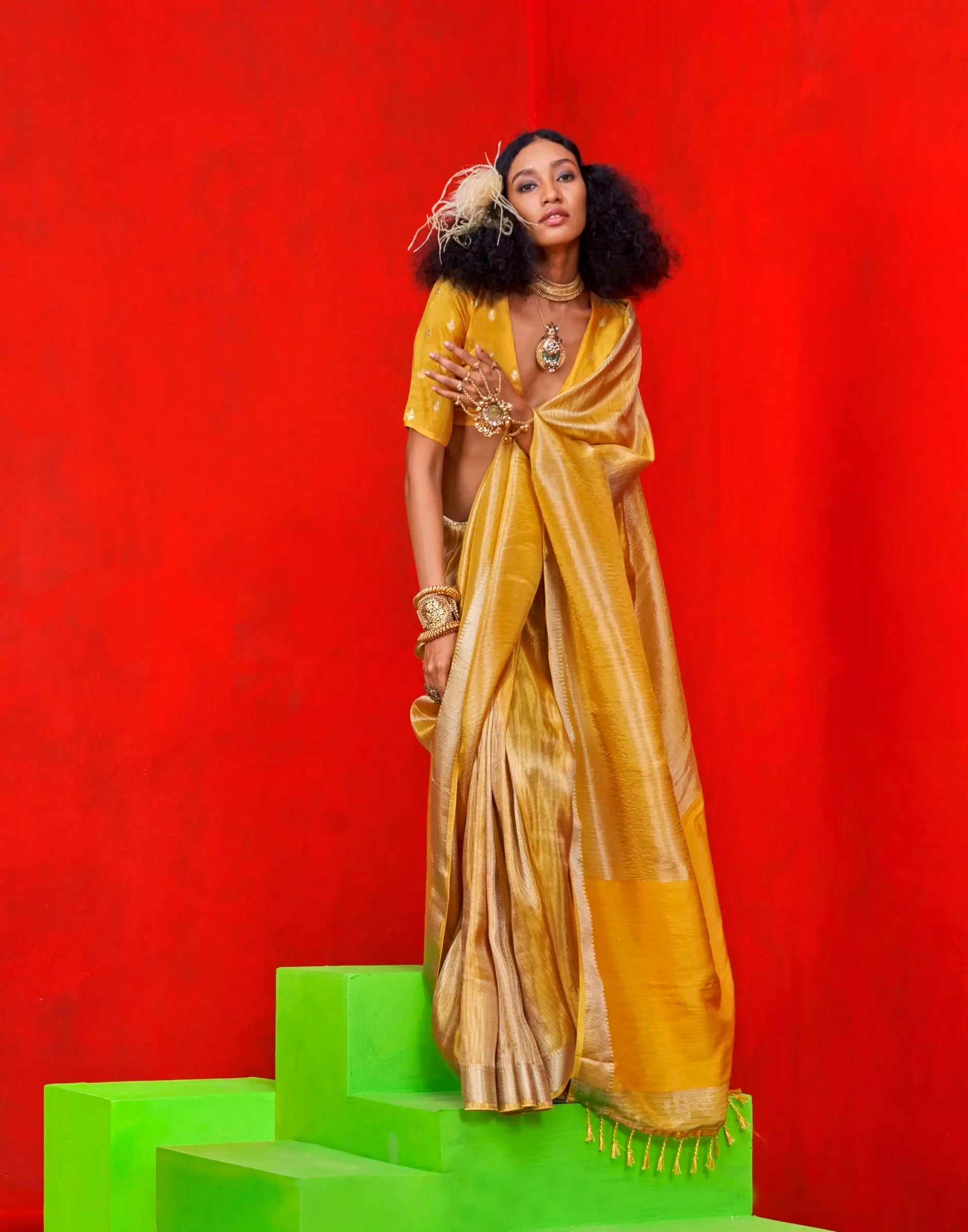 Yellow Viscose Tissue Zari Weaving Work Saree - qivii