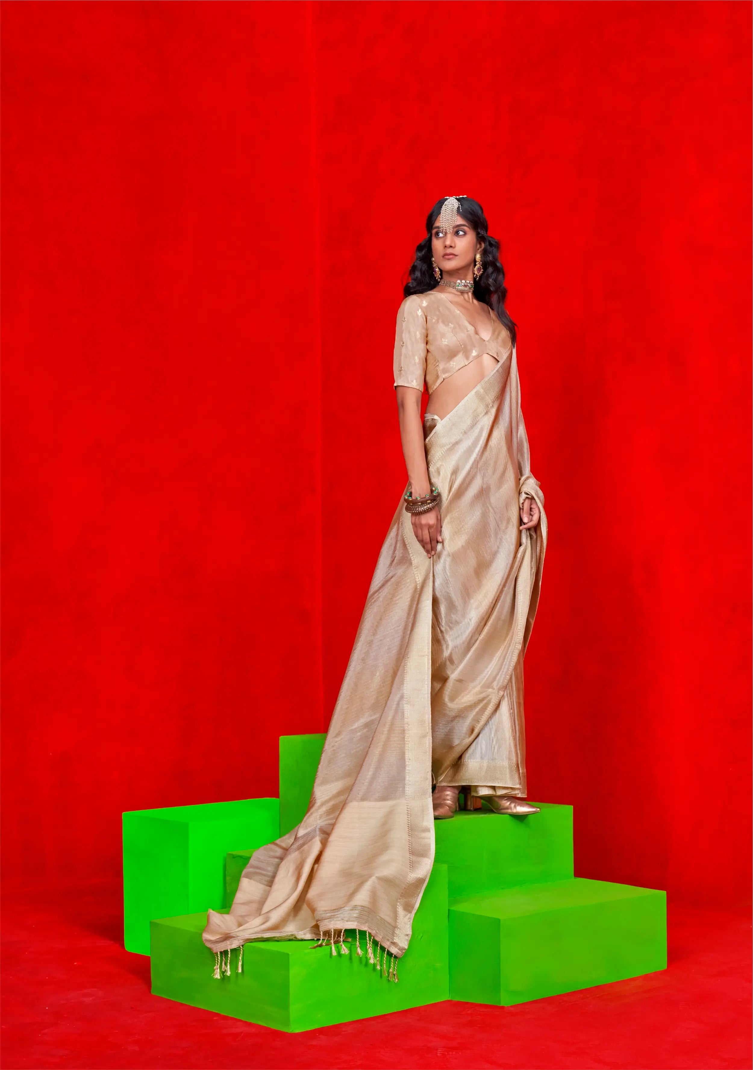 Beige Viscose Tissue Zari Weaving Work Saree