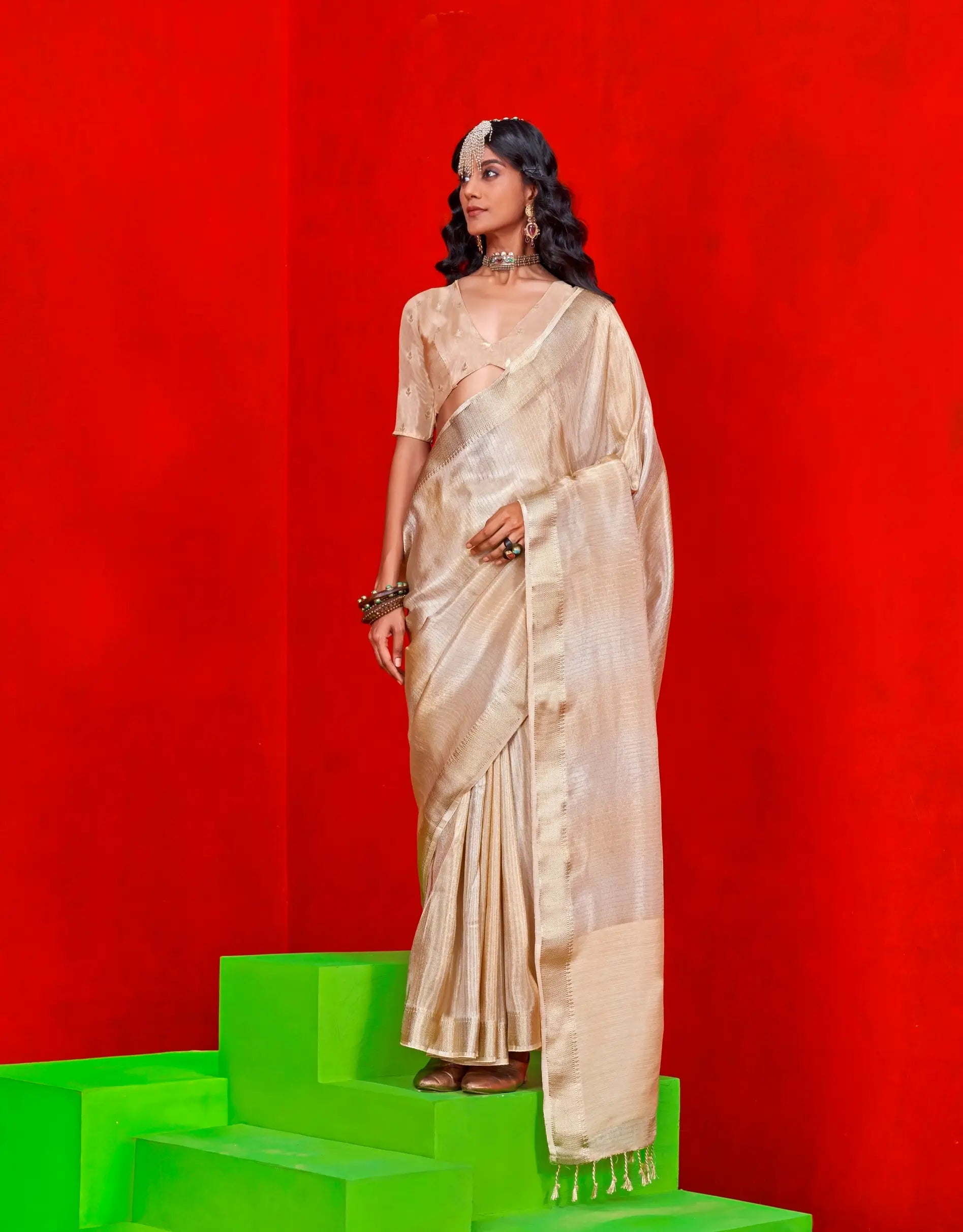 Beige Viscose Tissue Zari Weaving Work Saree - qivii