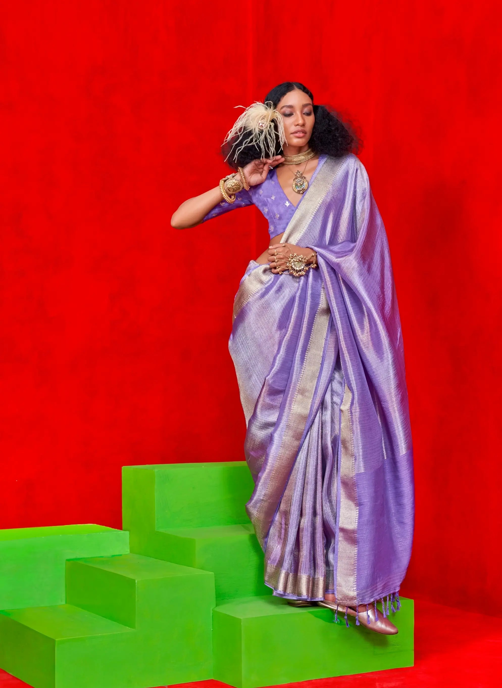 Lavender Viscose Tissue Zari Weaving Work Saree - qivii