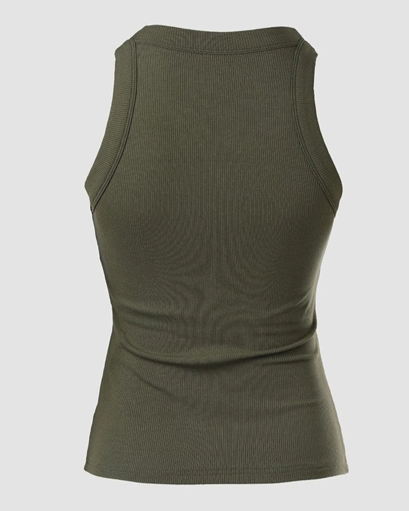 Round Neck Ribbed Tank Top Built In with Bra Padded - By Qivii