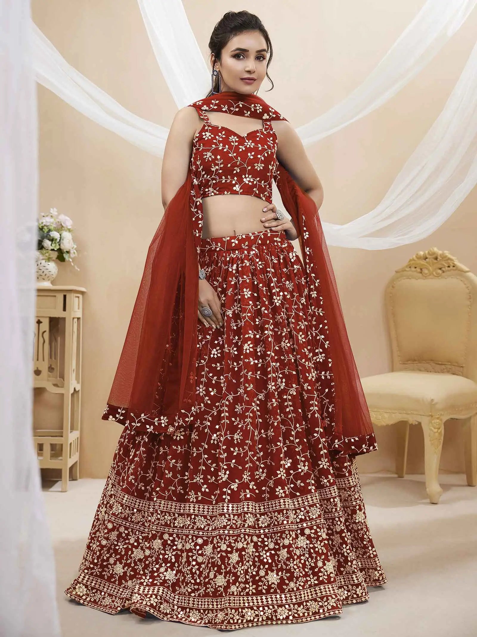 Red Georgette Lehenga With Sequins And Zari Embroidery Work | Ready To Wear - qivii