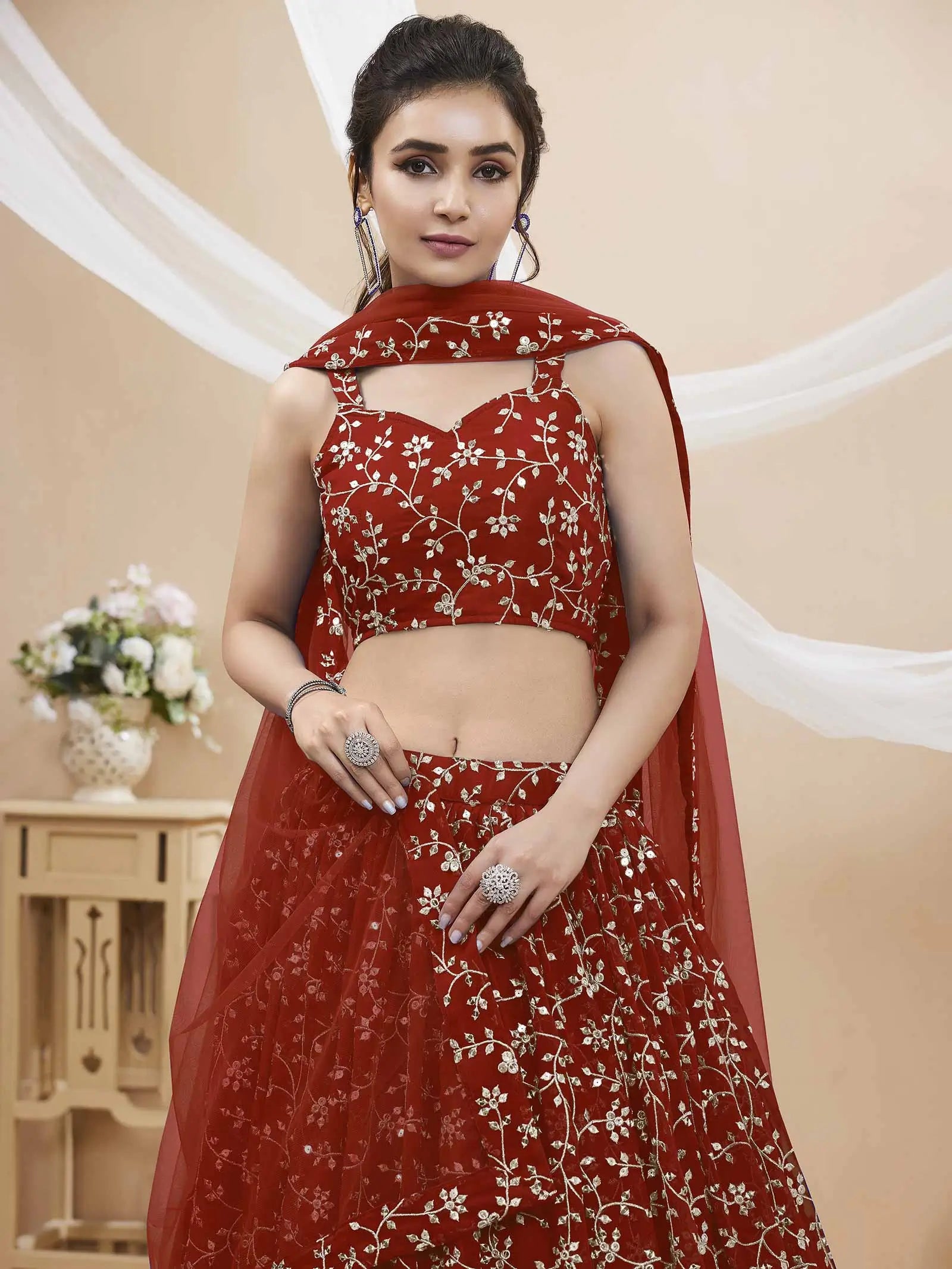 Red Georgette Lehenga With Sequins And Zari Embroidery Work | Ready To Wear - qivii