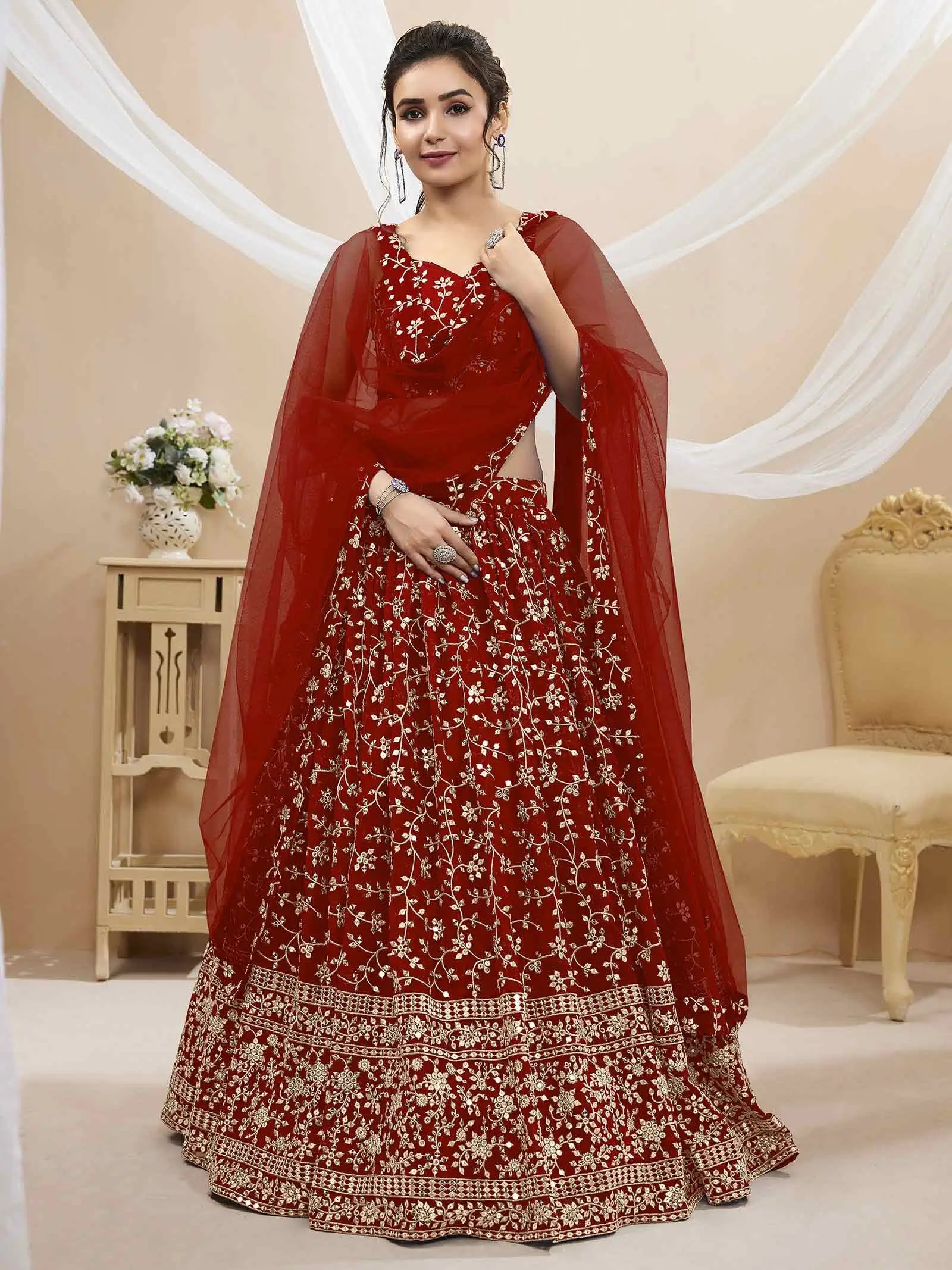 Red Georgette Lehenga With Sequins And Zari Embroidery Work | Ready To Wear - qivii