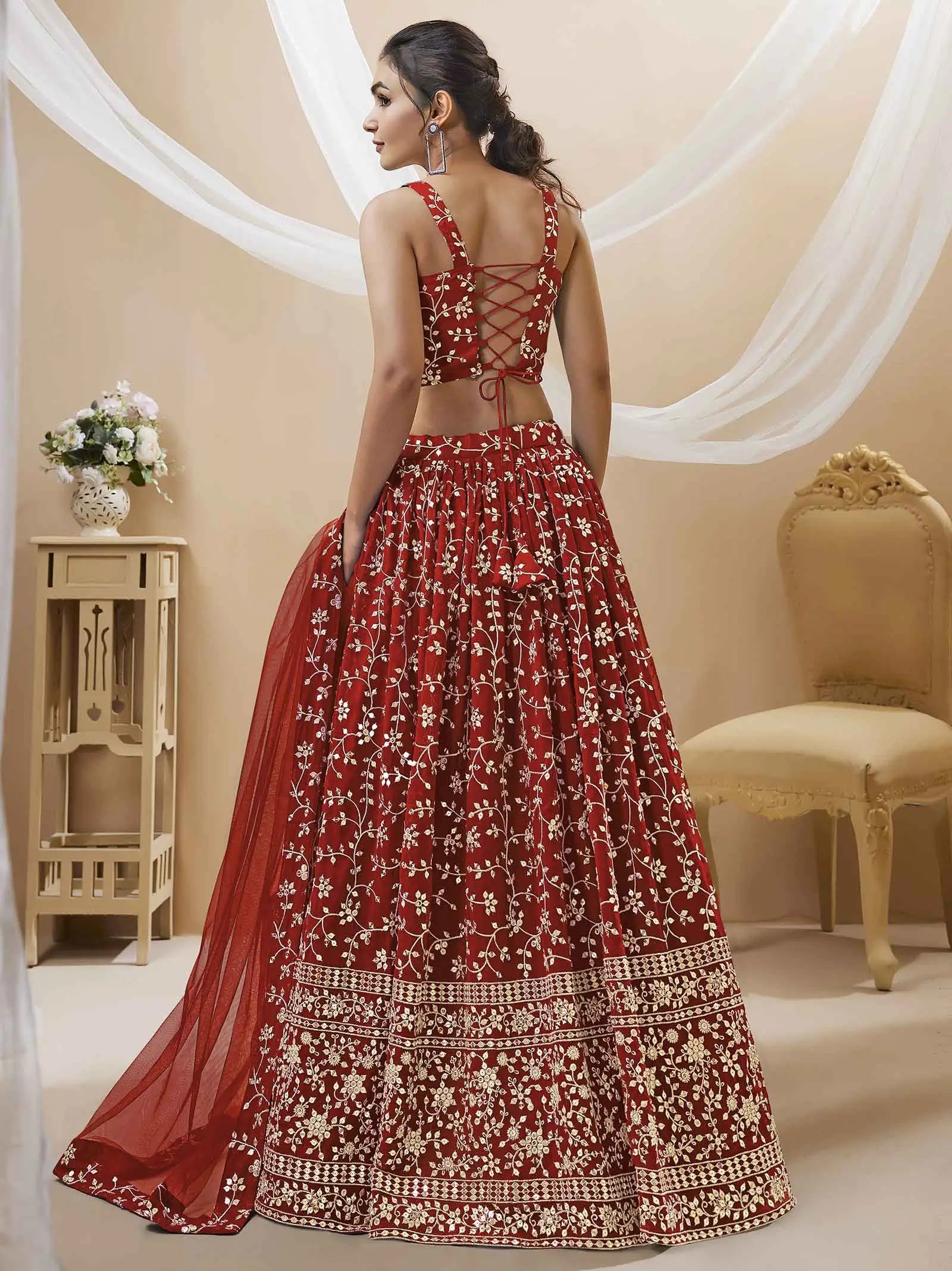 Red Georgette Lehenga With Sequins And Zari Embroidery Work | Ready To Wear - qivii