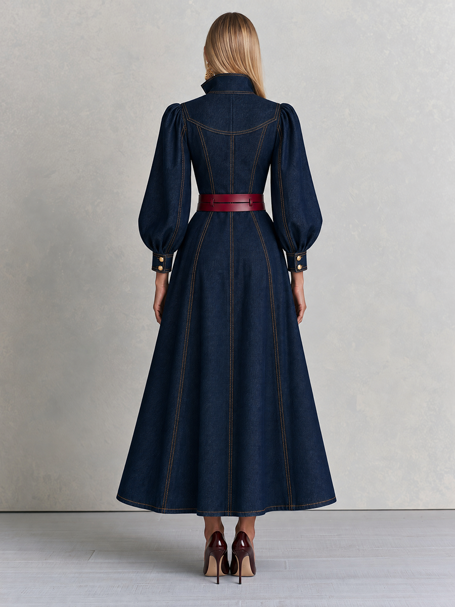 Vintage Military Dark Wash Gold Button Denim Maxi Dress - By Qivii