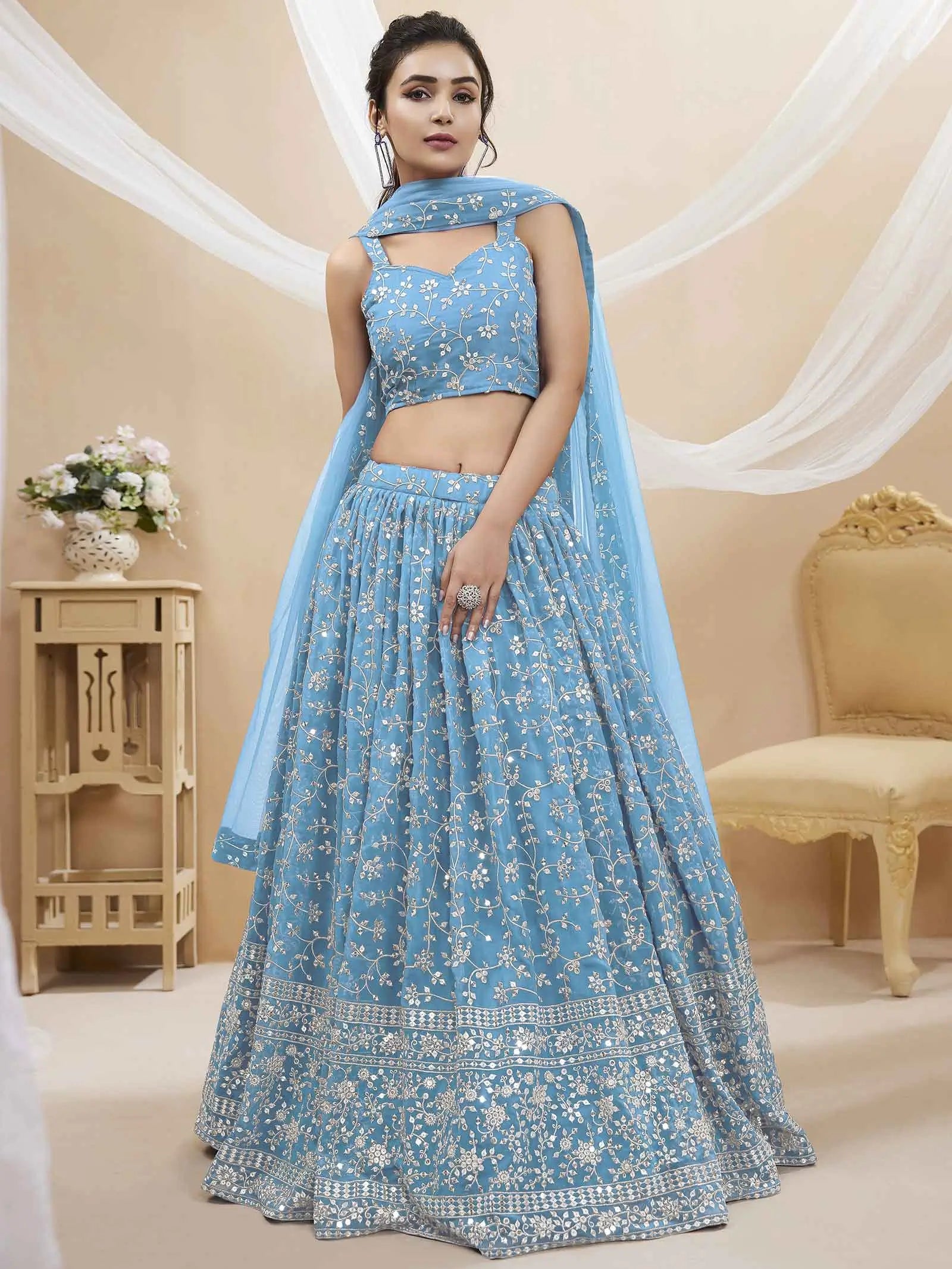 Sky Blue Georgette Lehenga With Sequins And Zari Embroidery Work - qivii