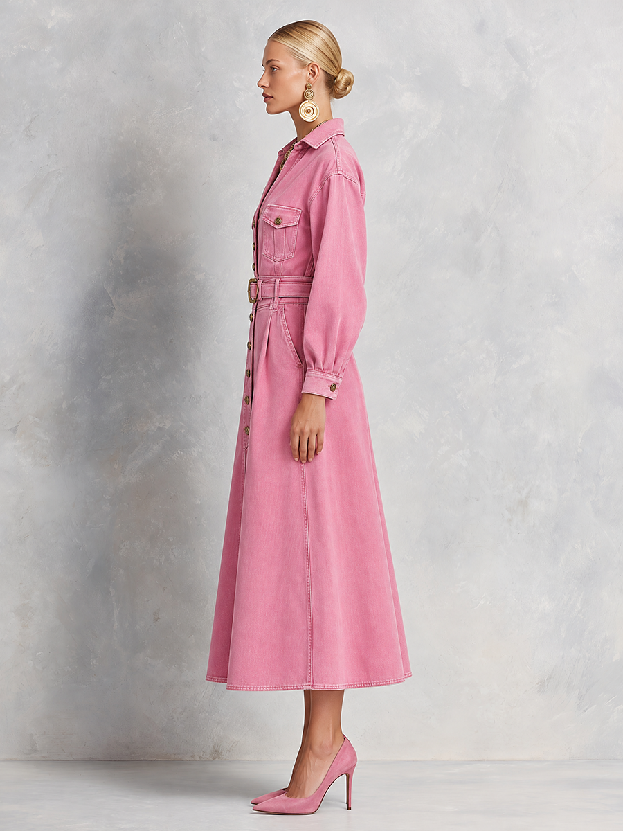 Retro Western Pink Belted Button Front Denim Midi Dress - By Qivii