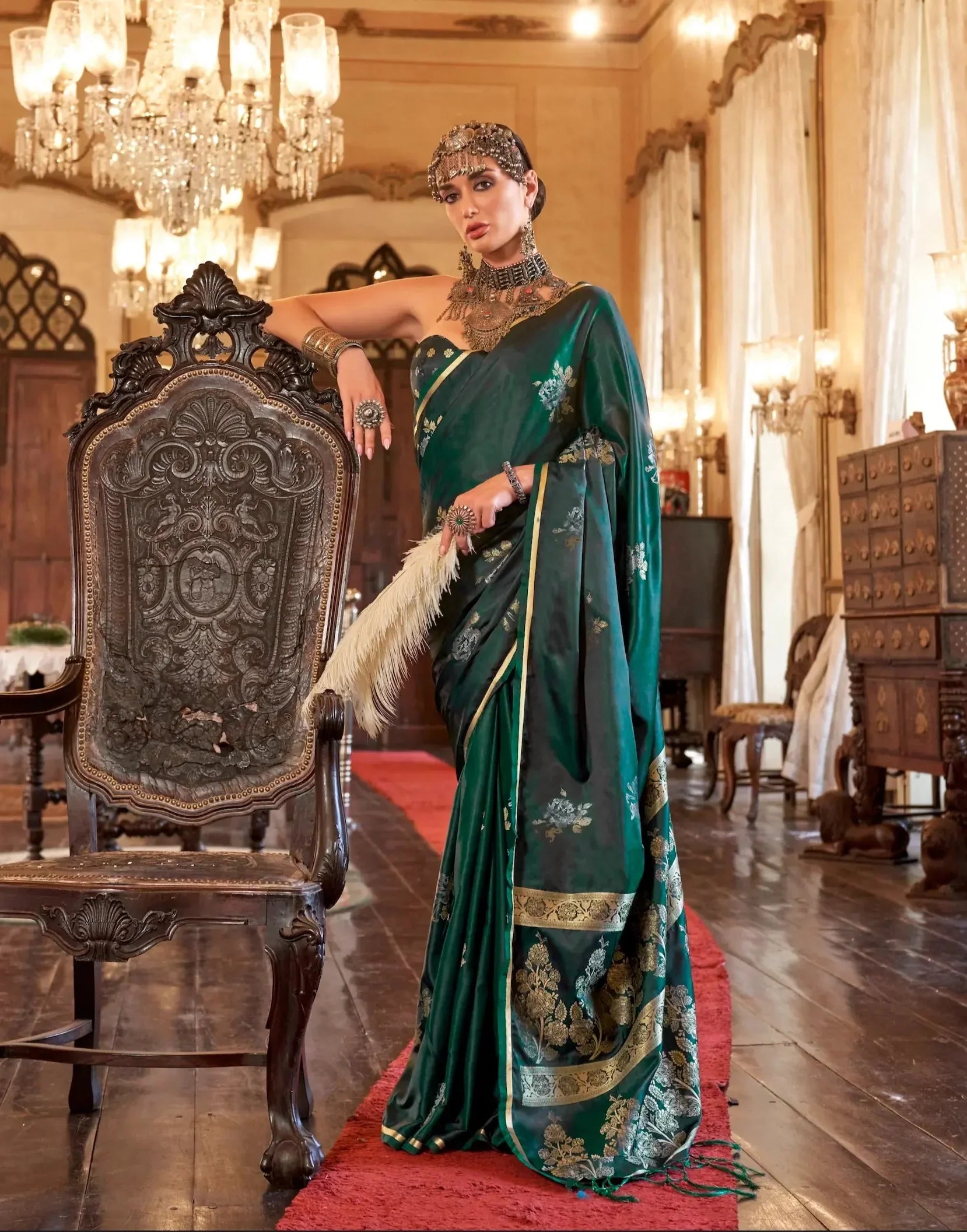 Dark Green Satin Handloom Zari Weaving silk Saree - qivii