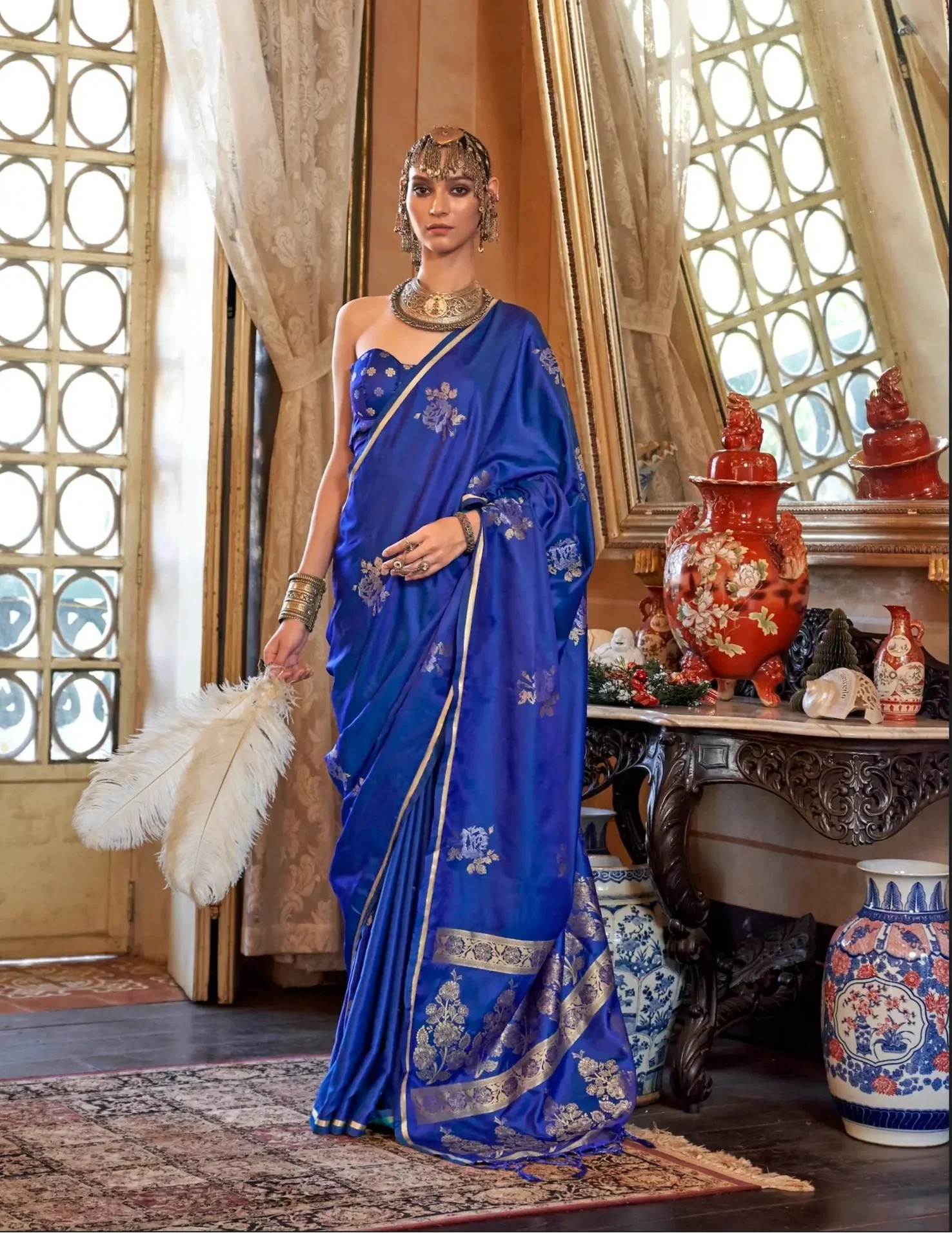 Peacock Blue Satin Handloom Zari Weaving silk Saree - qivii