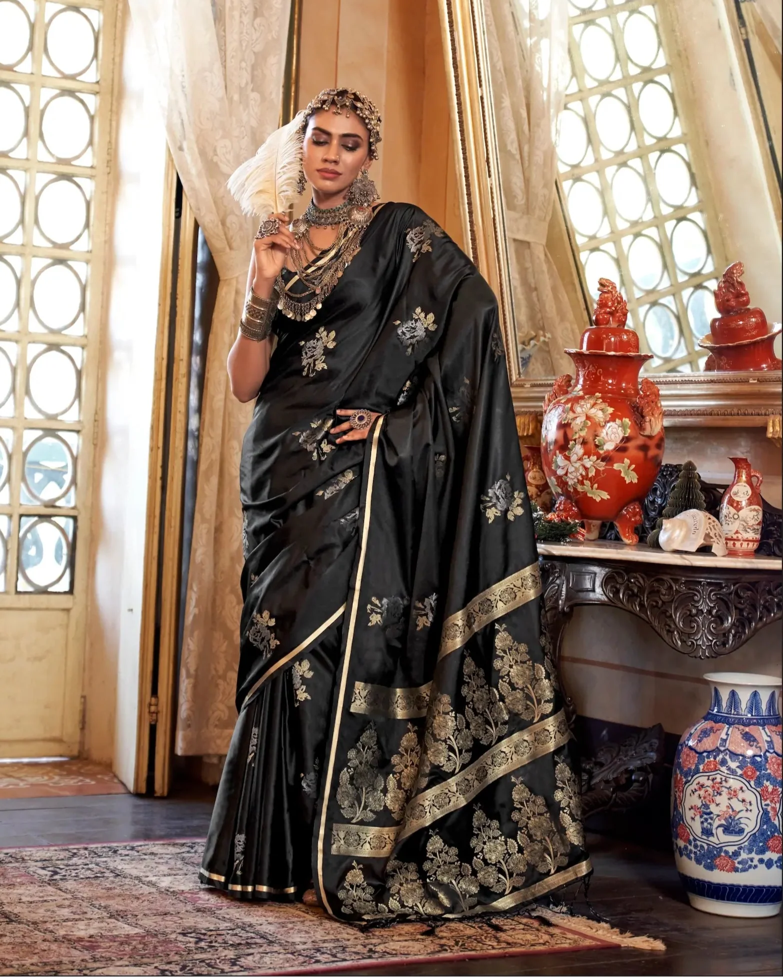 Hot Black Satin Handloom Zari Weaving silk Saree