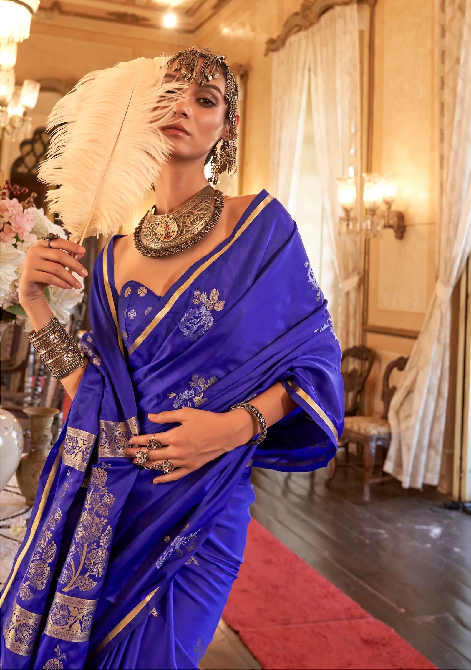 Bluish Purple Satin Handloom Zari Weaving silk Saree