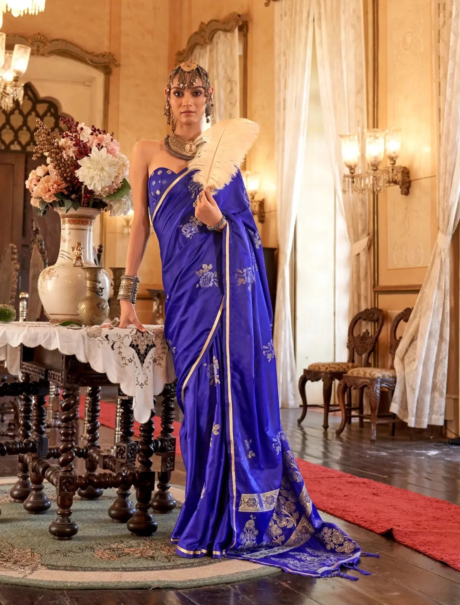 Bluish Purple Satin Handloom Zari Weaving silk Saree - qivii