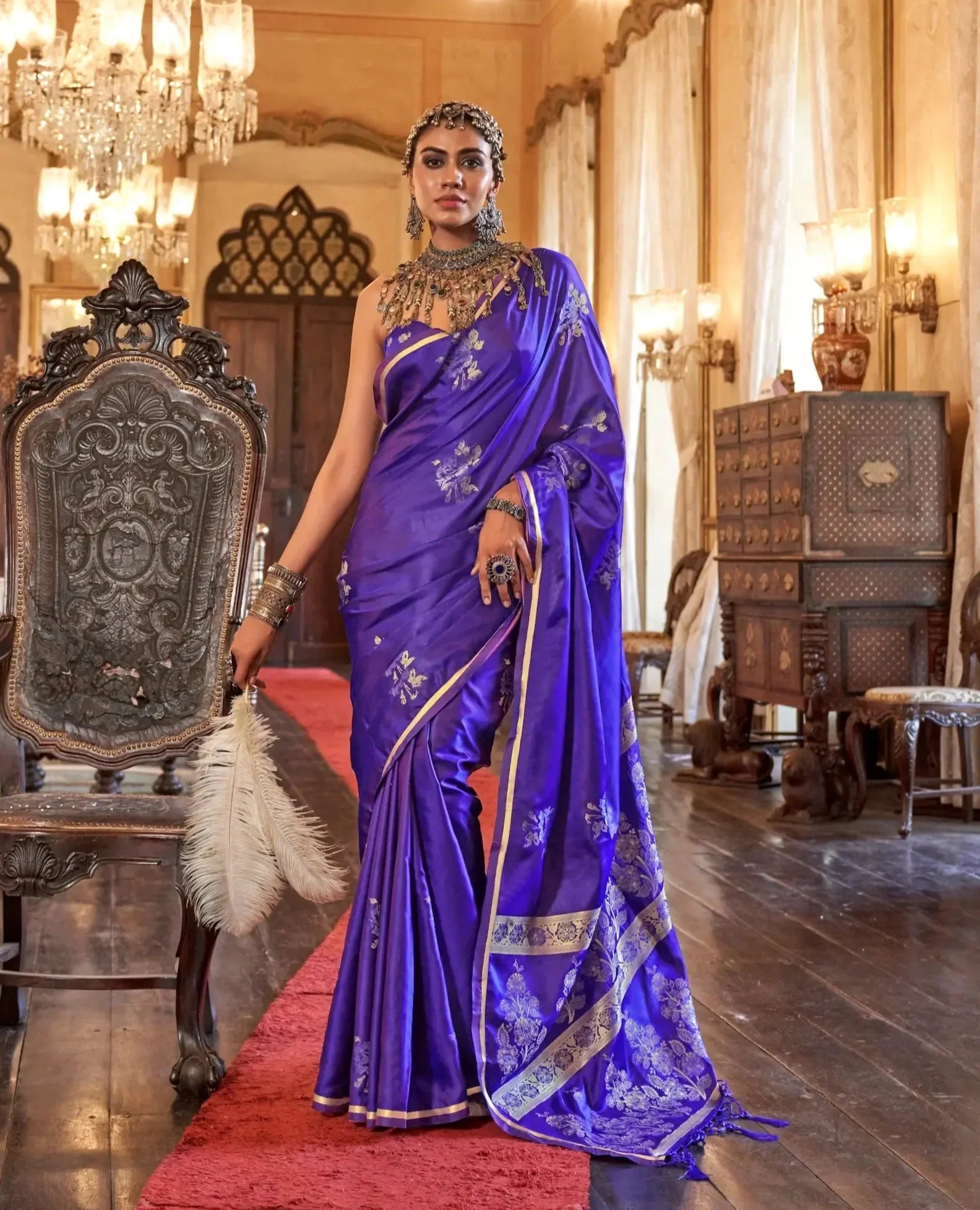 Purple Satin Handloom Zari Weaving silk Saree - qivii