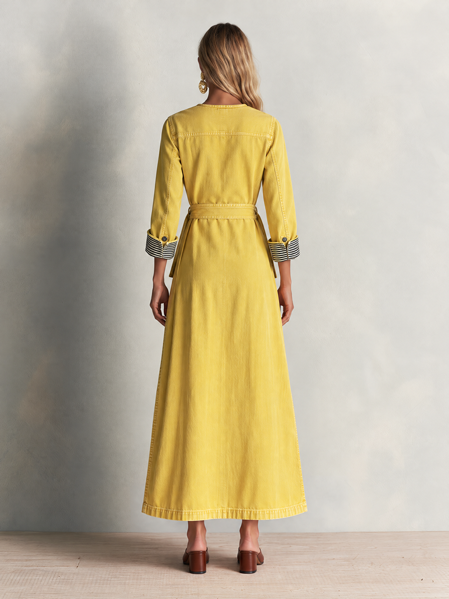 Modern Western Yellow Belted Button Front Denim Maxi Dress - By Qivii