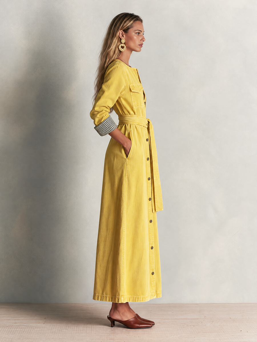 Modern Western Yellow Belted Button Front Denim Maxi Dress - By Qivii