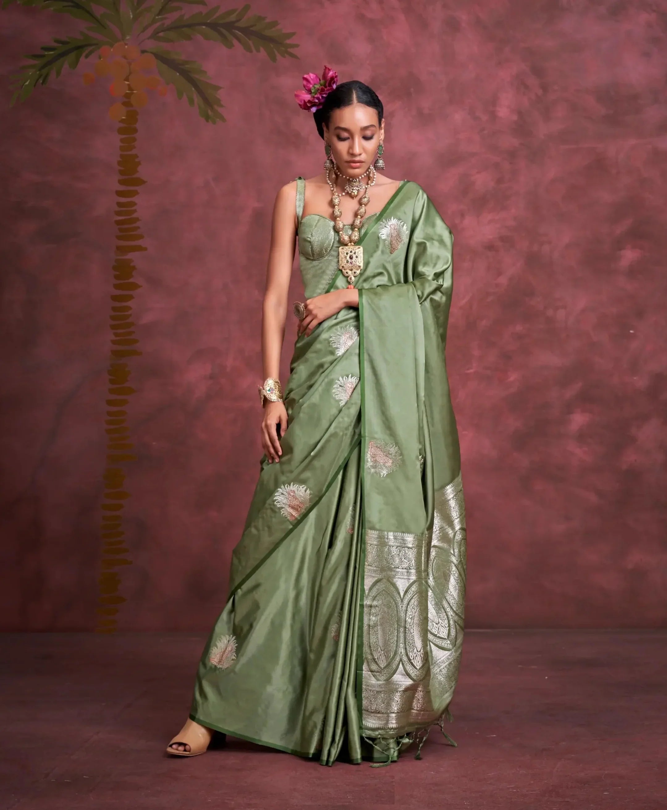 Pista Green Satin Handloom Banarasi Zari Weaving Silk Saree - qivii