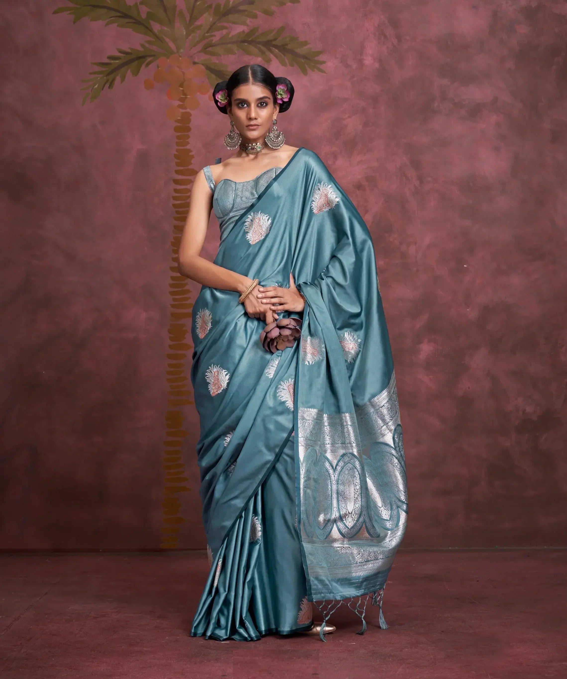 Dusty Blue Satin Handloom Banarasi Zari Weaving Silk Saree - qivii