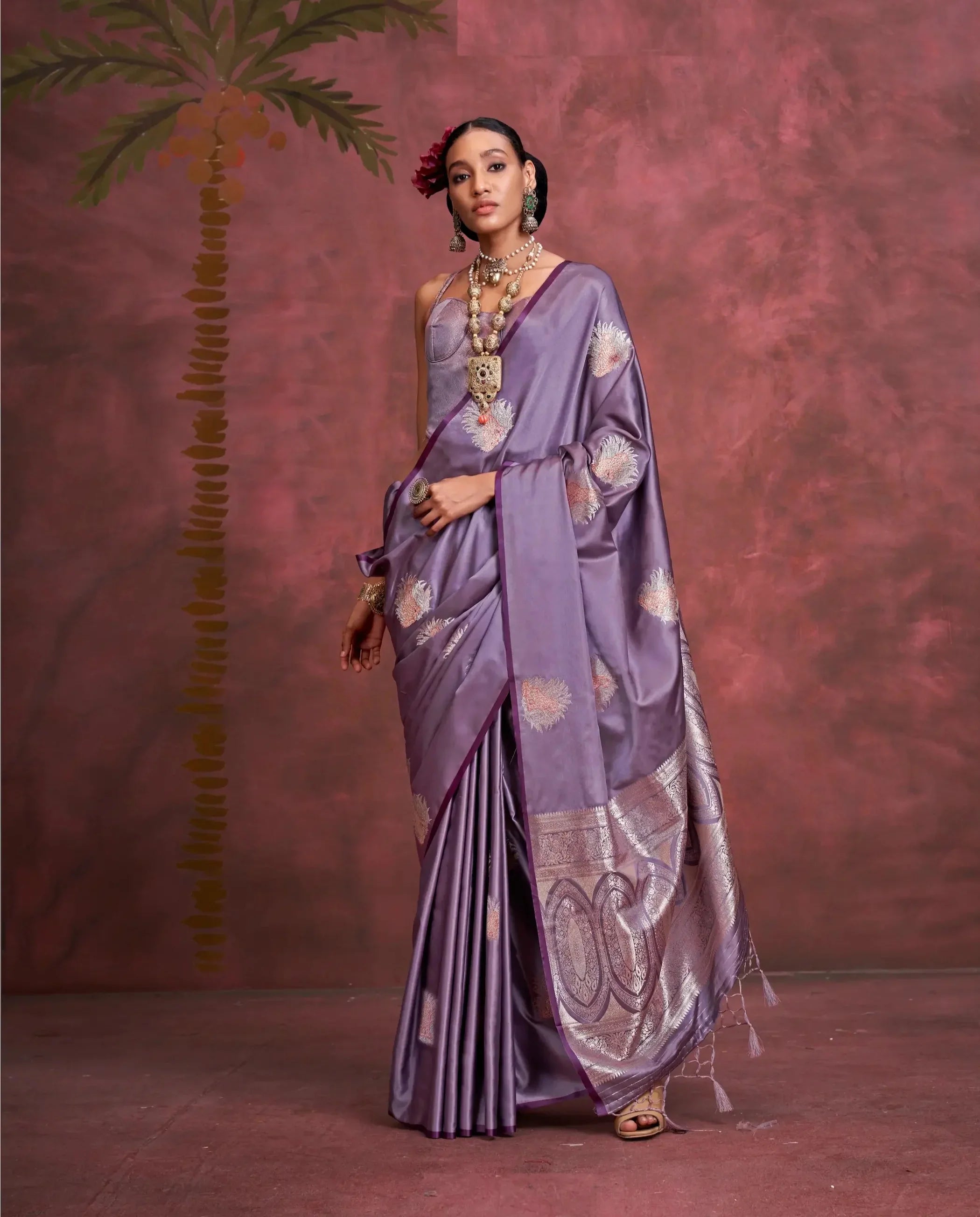 Lavender Satin Handloom Banarasi Zari Weaving Silk Saree - qivii