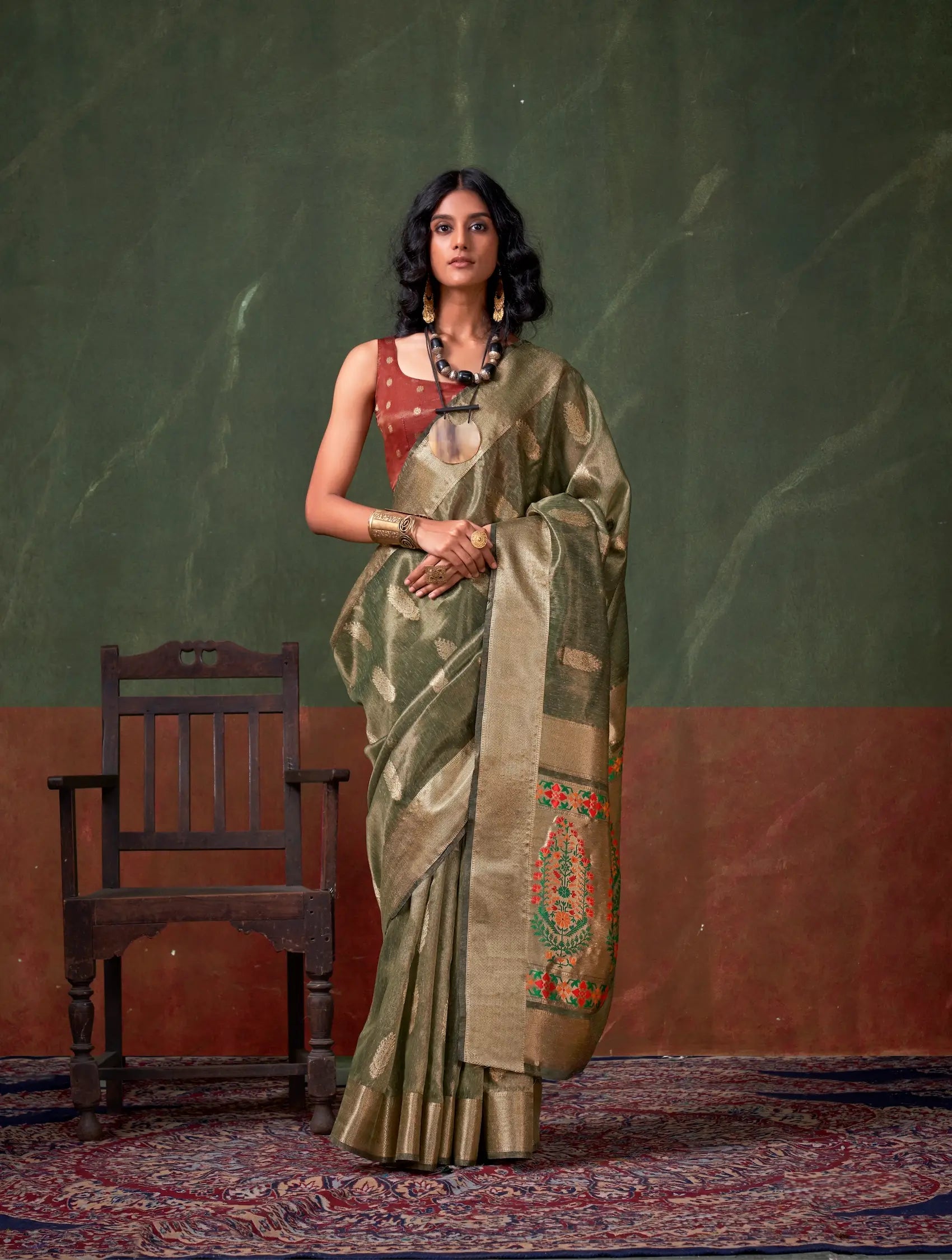 Olive Green Paithani Tissue Handloom Weaving Silk Saree - qivii