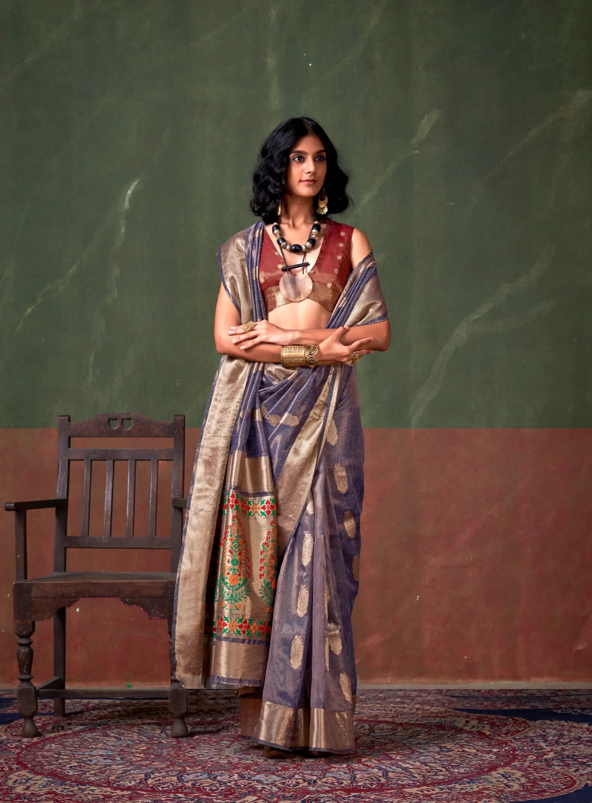 Blue Grey Paithani Tissue Handloom Weaving Silk Saree - qivii