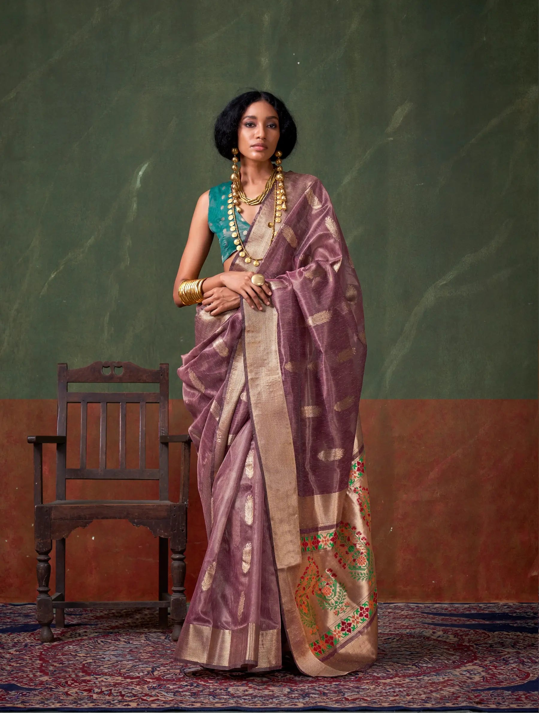 Rosy Brown Paithani Tissue Handloom Weaving Silk Saree - qivii