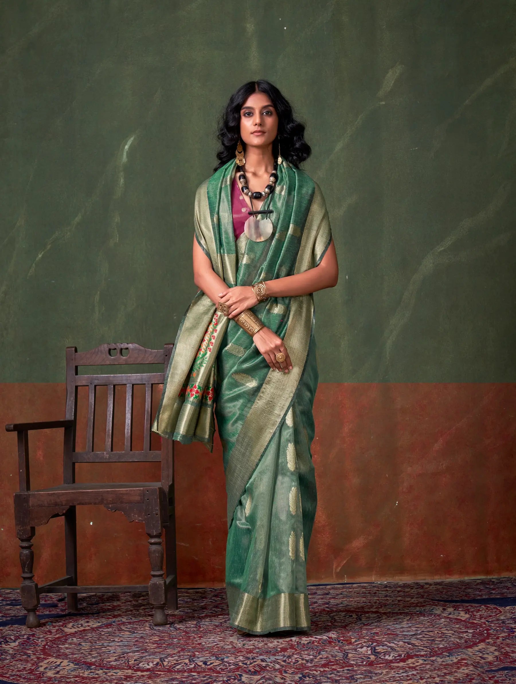 Sage Green Paithani Tissue Handloom Weaving Silk Saree - qivii