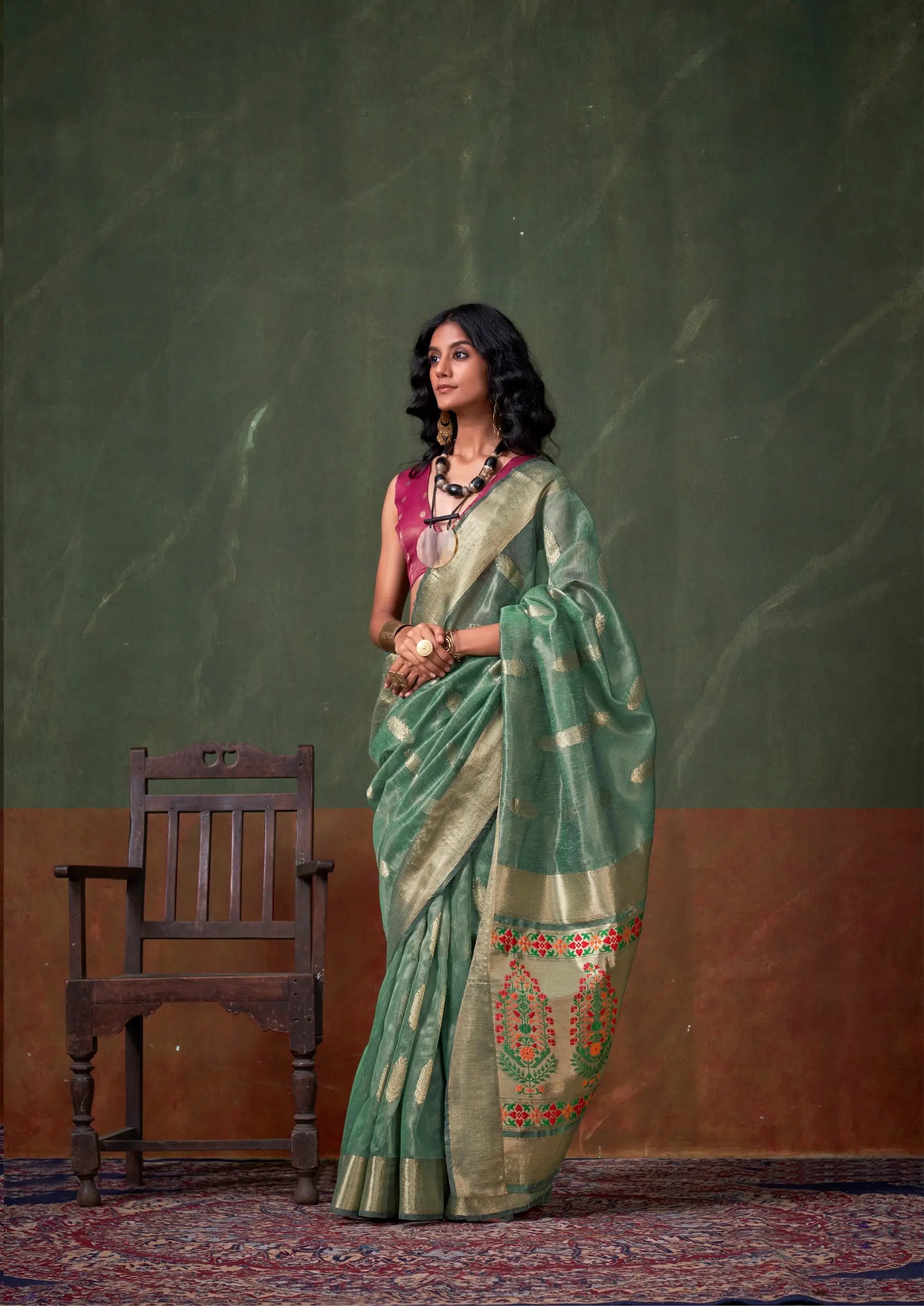 Sage Green Paithani Tissue Handloom Weaving Silk Saree - qivii