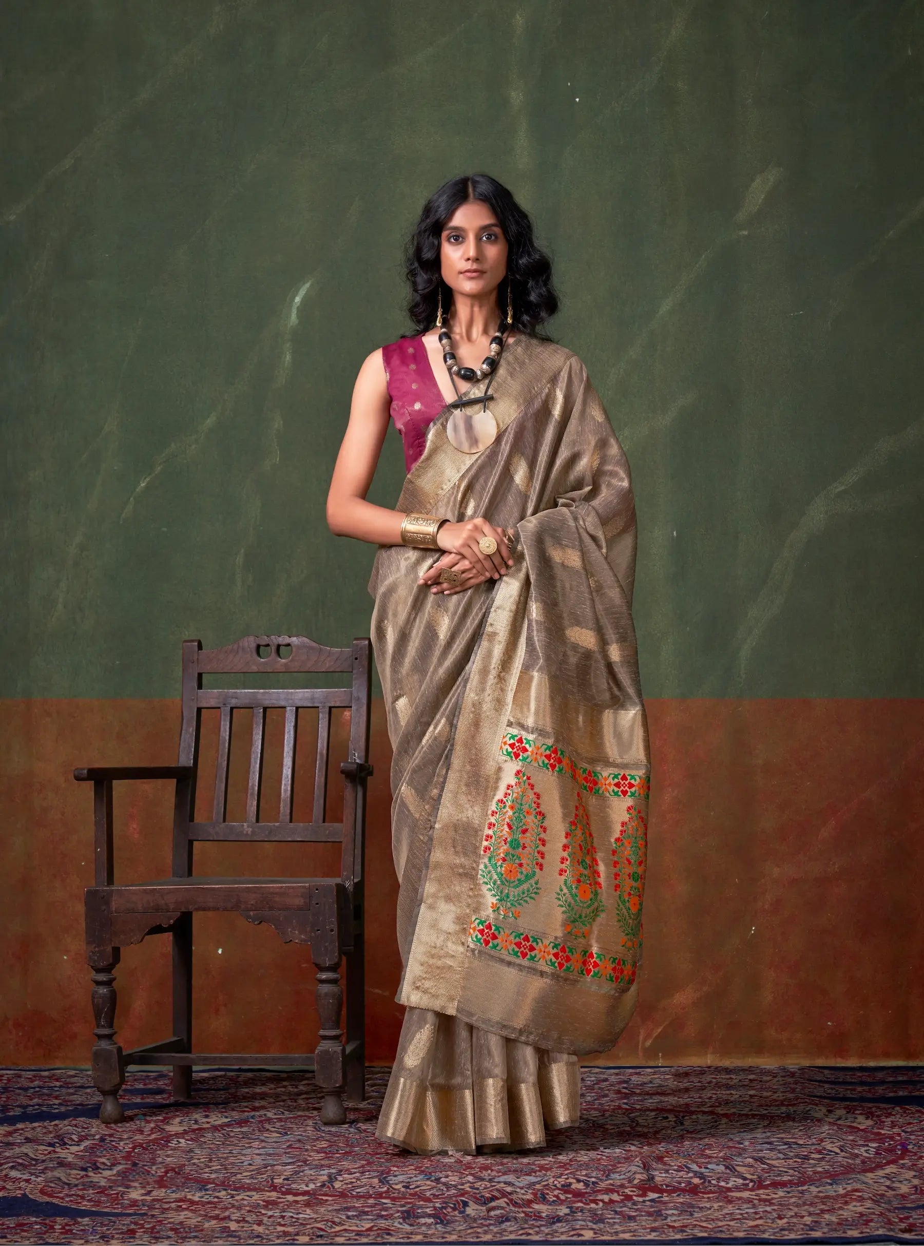 Light Brown Paithani Tissue Handloom Weaving Silk Saree - qivii