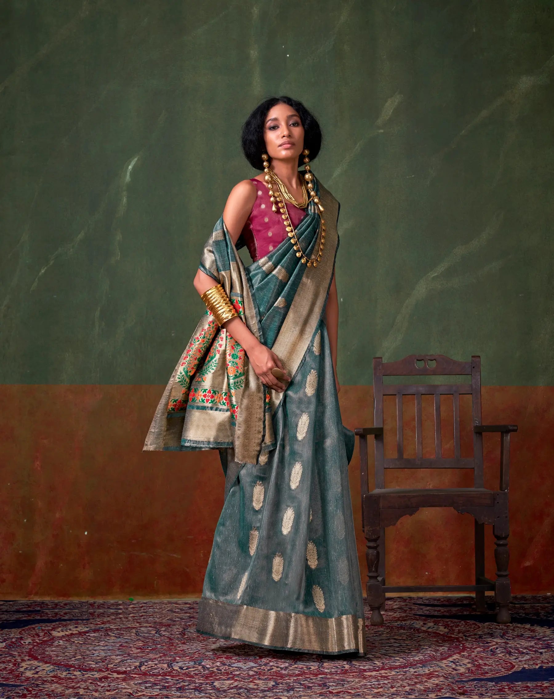 Teal Blue Paithani Tissue Handloom Weaving Silk Saree - qivii