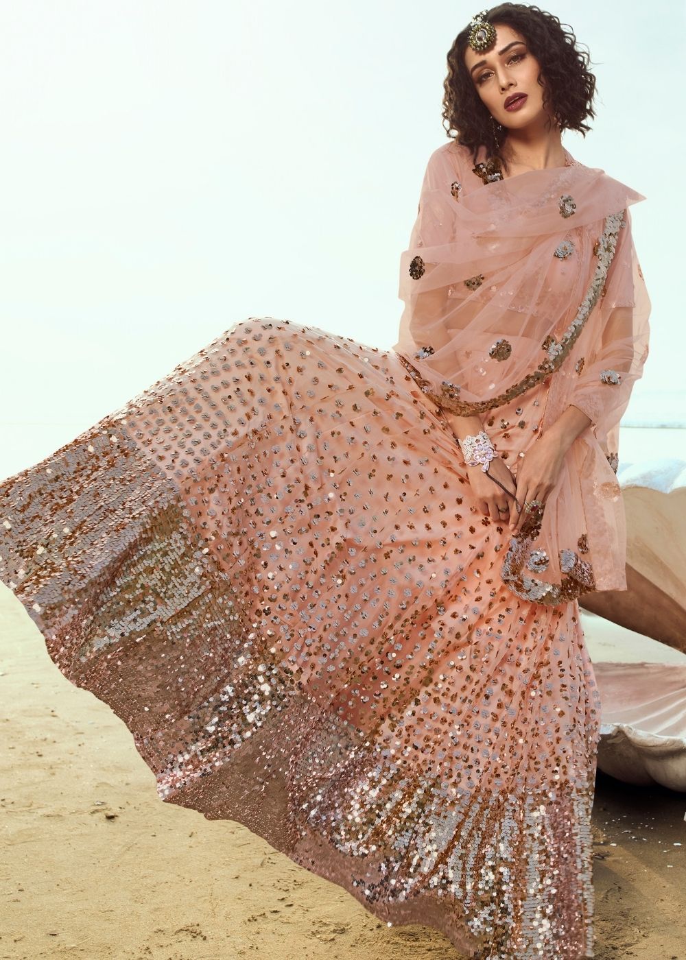Peach Soft Net Designer Lehenga Choli with overall Sequins work | Ready To Wear - qivii