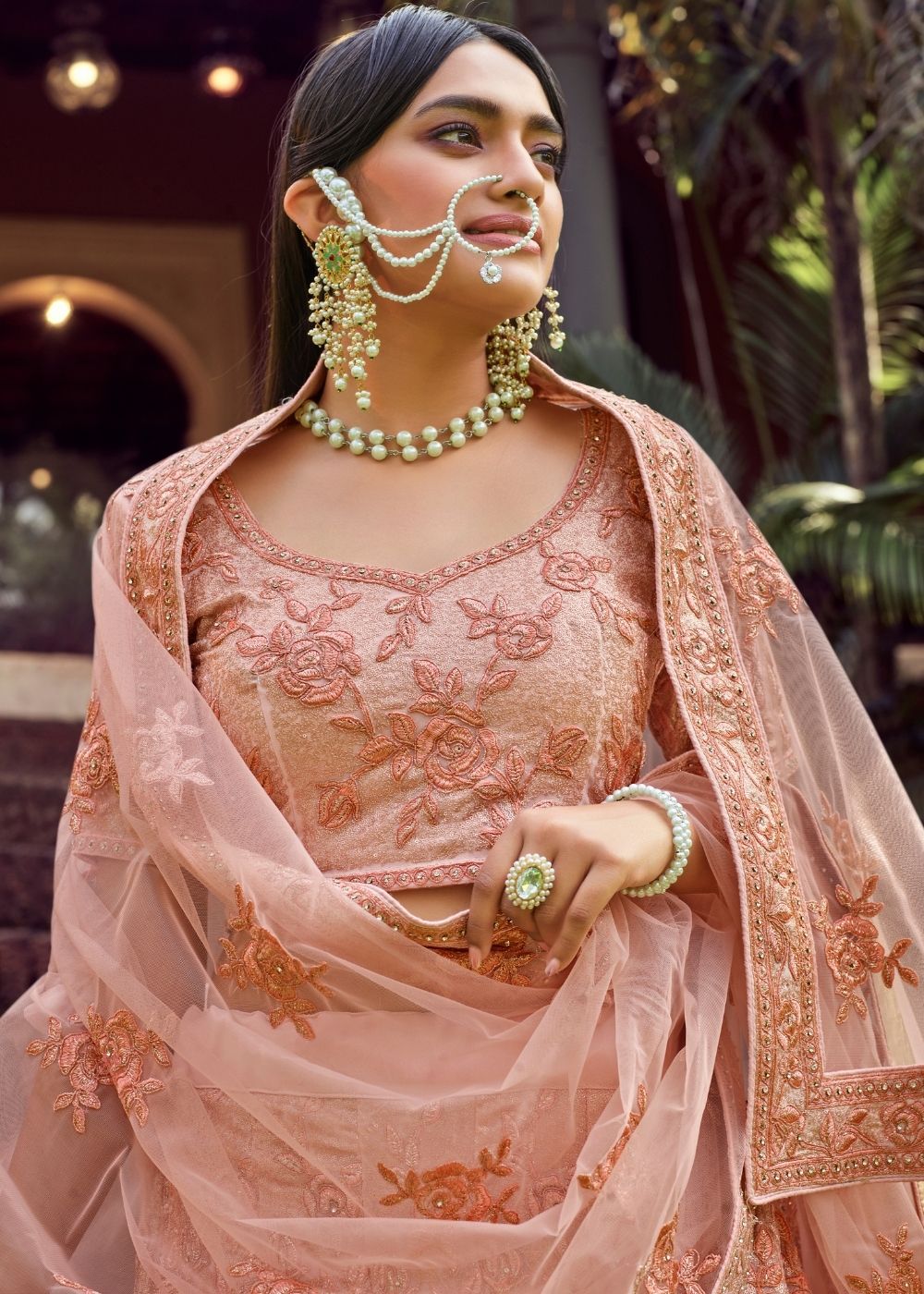 Peach Pink Georgette Lehenga Choli with Sequins & Resham work | Ready To Wear - qivii