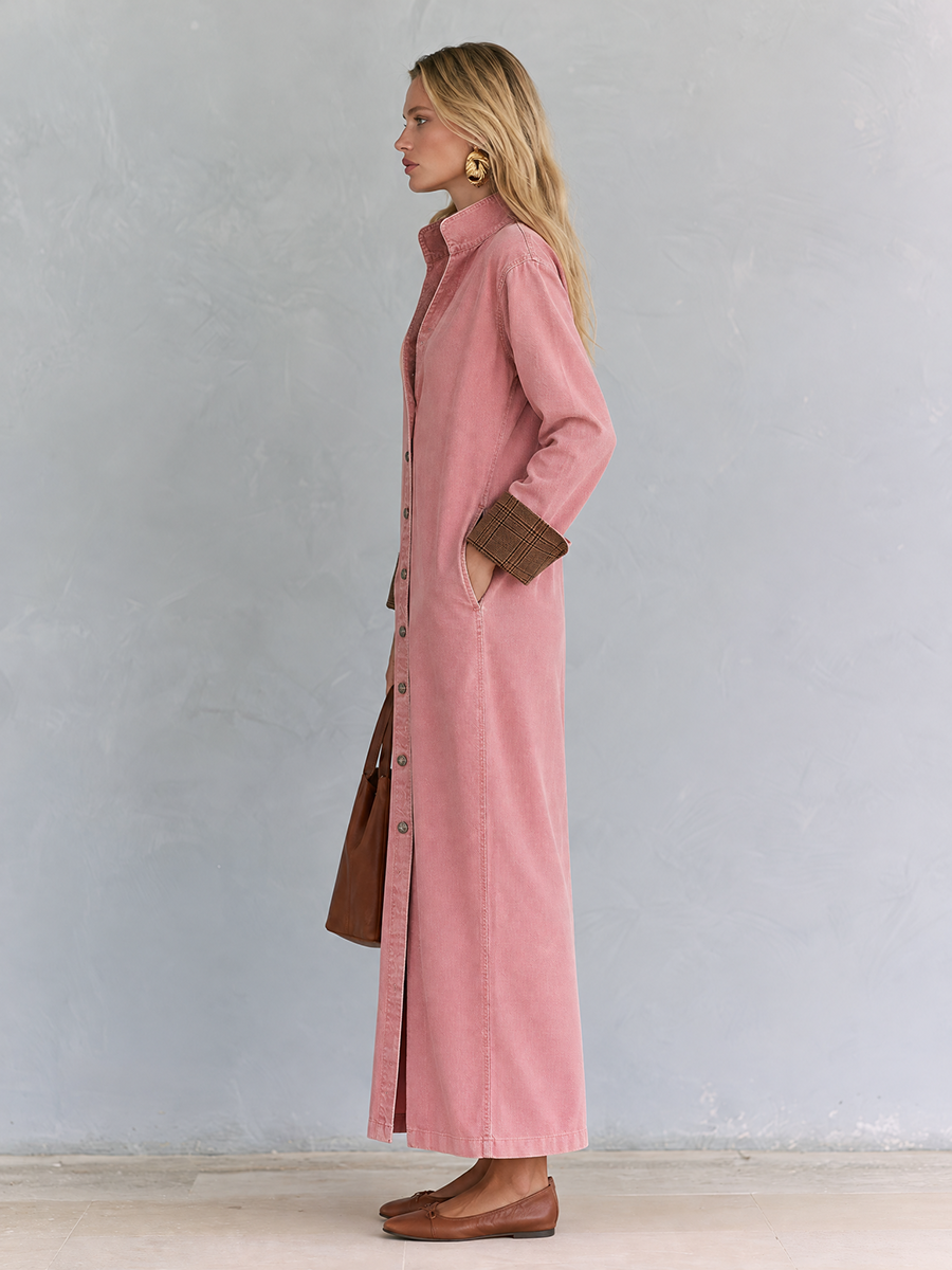 Casual Vintage Pink Button Front Long Shirt Dress - By Qivii