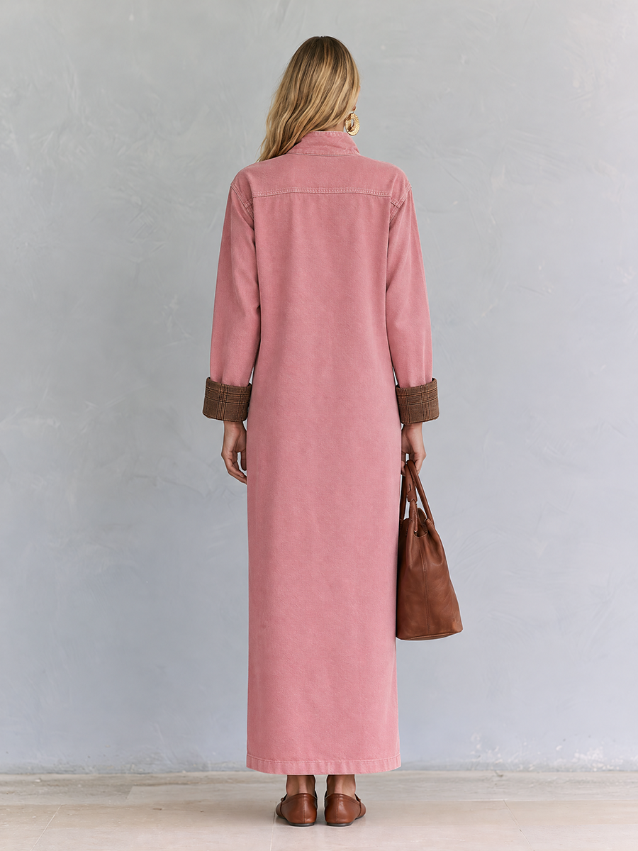 Casual Vintage Pink Button Front Long Shirt Dress - By Qivii