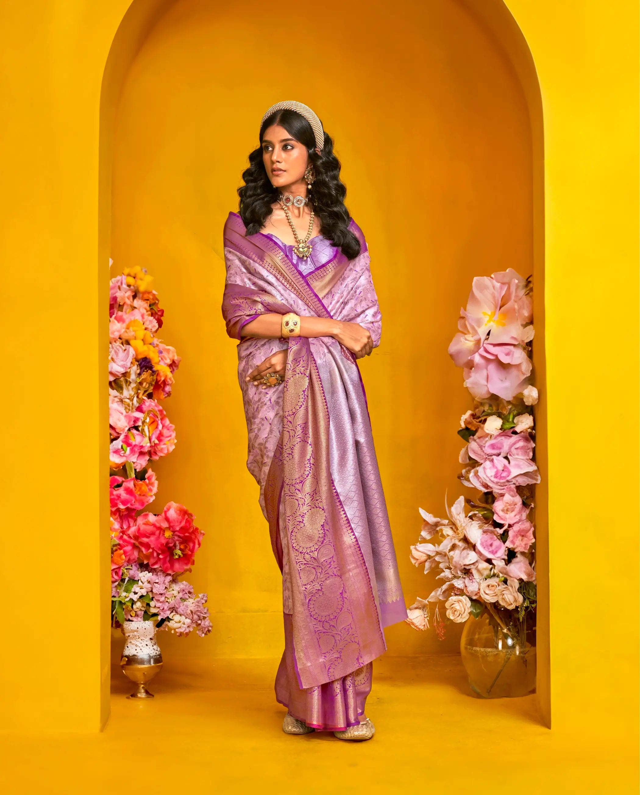 Lavender-Purple Handloom Silk Saree With Zari Weaving Work - qivii