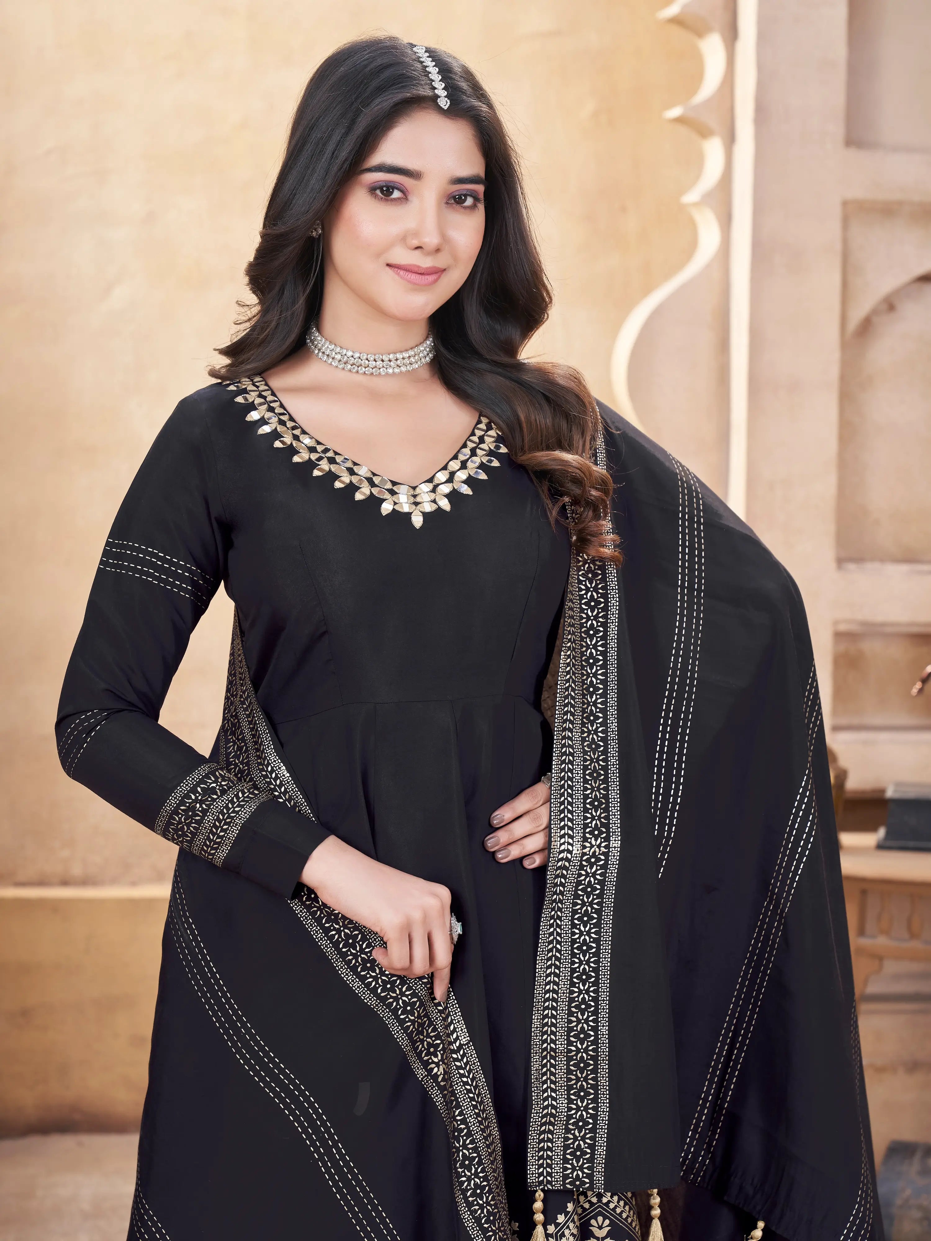 Black Silk Salwar Suit With Mirror Work And Foil Print - qivii