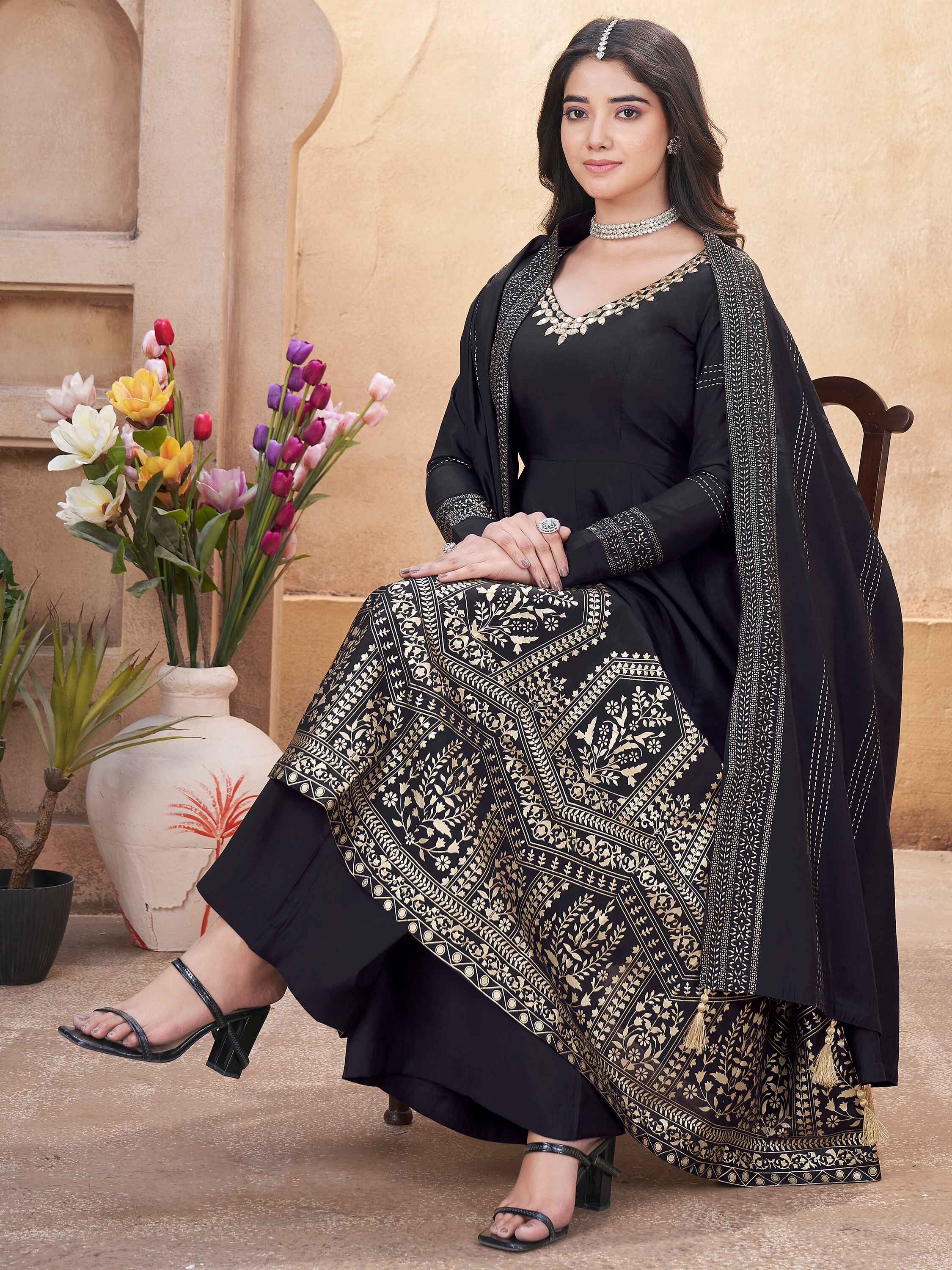 Fully stitched suit with matching Roman silk palazzo and beautiful silk dupatta