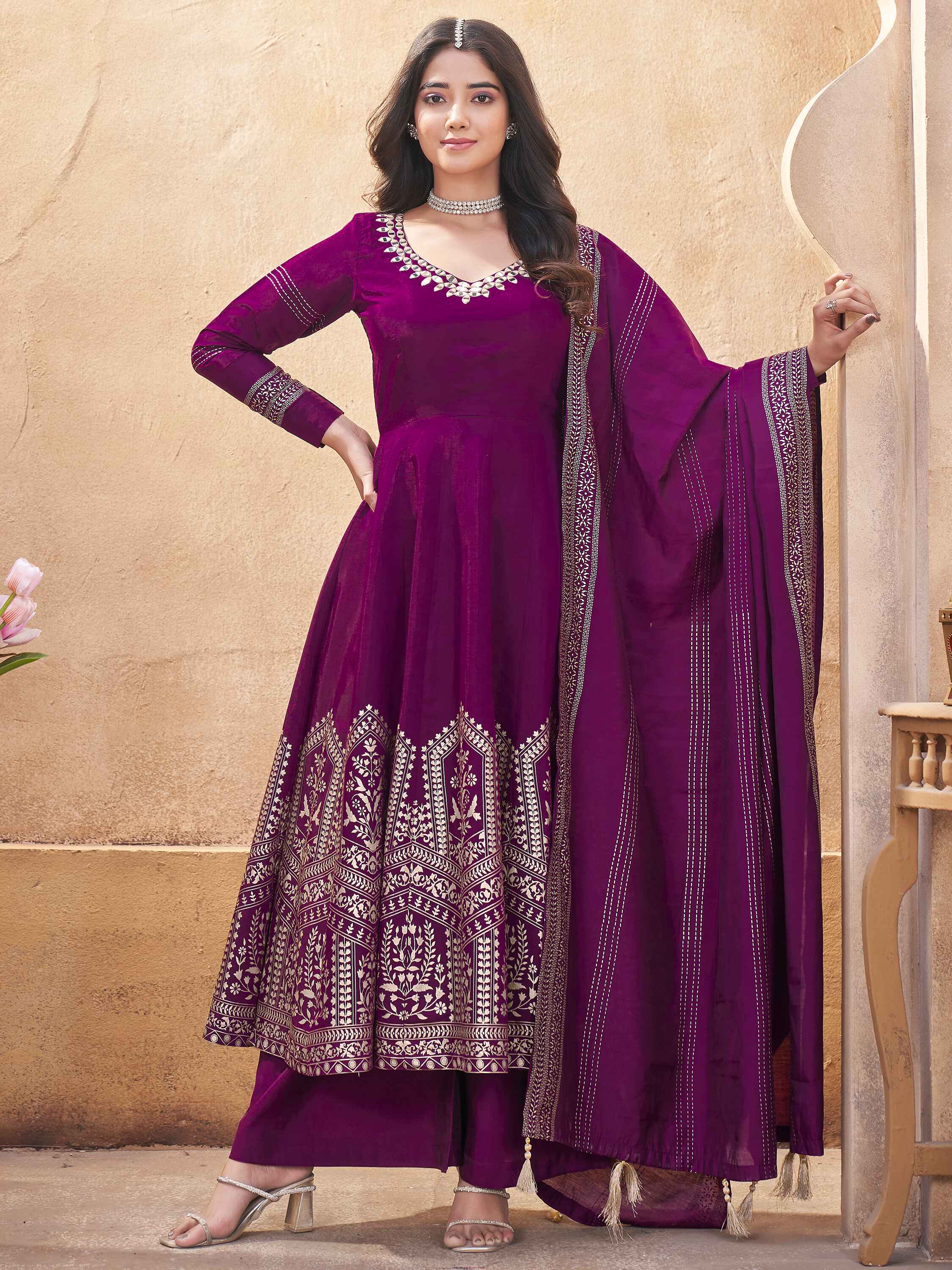 Marvelous Purple Foil Printed Silk Festival Wear Anarkali Suit Palazzo - Elegant and stylish purple silk Anarkali suit with exquisite foil print detailing