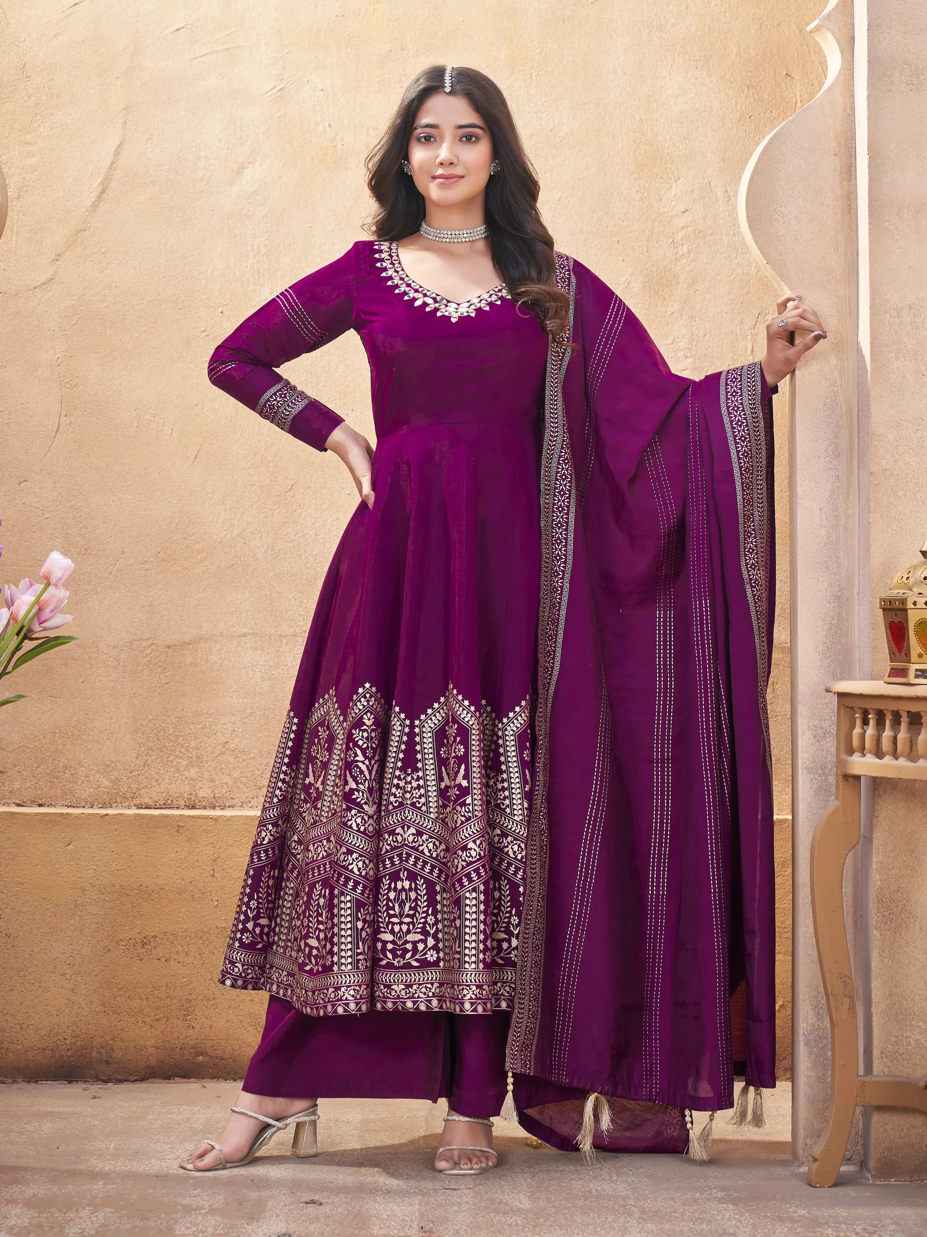 Grape Purple Mirror Work And Foil Print Silk Salwar Suit - qivii