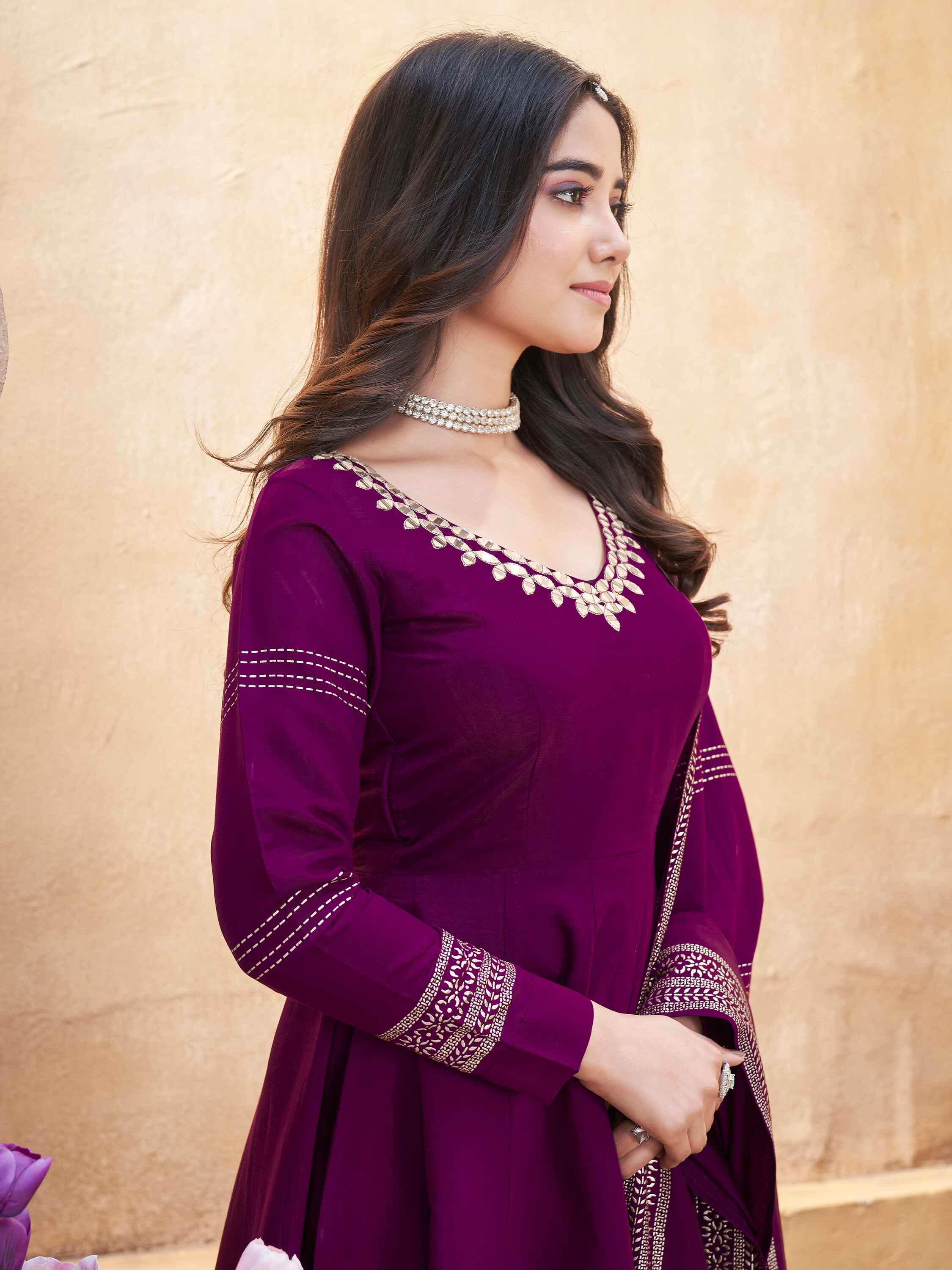 Marvelous Purple Foil Printed Silk Festival Wear Anarkali Suit Palazzo - Elegant and vibrant purple silk Anarkali suit with foil print