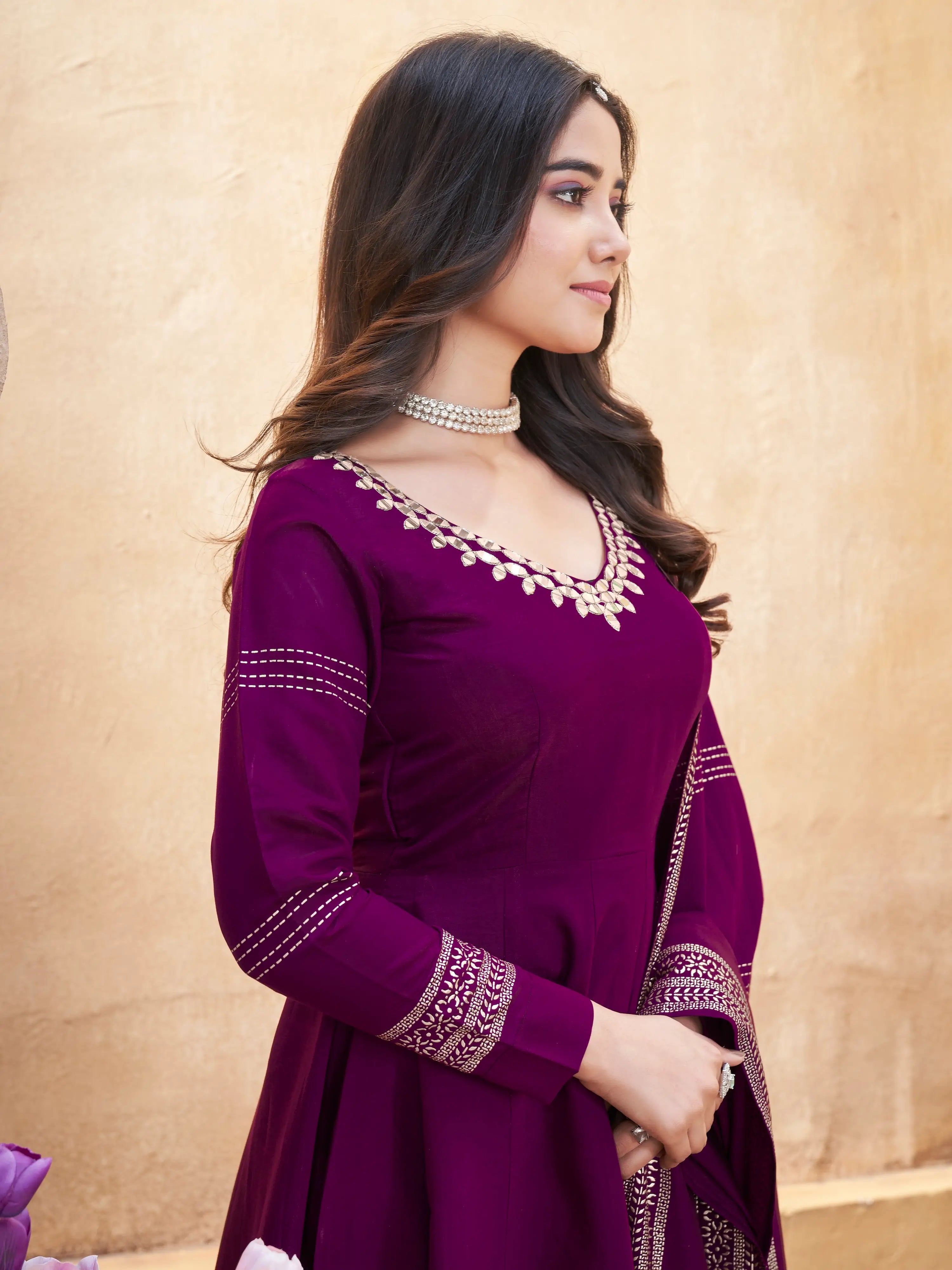 Grape Purple Mirror Work And Foil Print Silk Salwar Suit