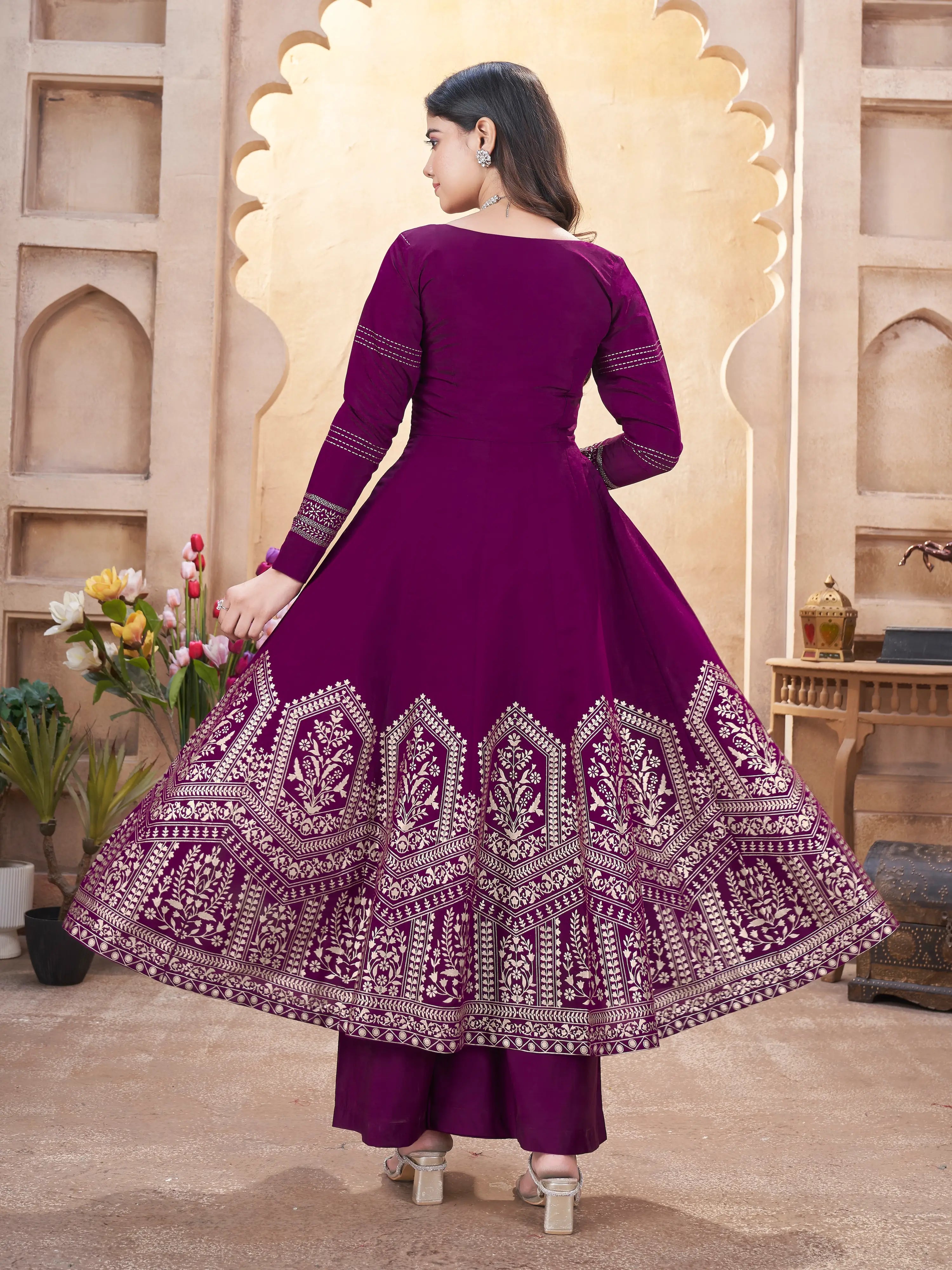 Grape Purple Mirror Work And Foil Print Silk Salwar Suit - qivii