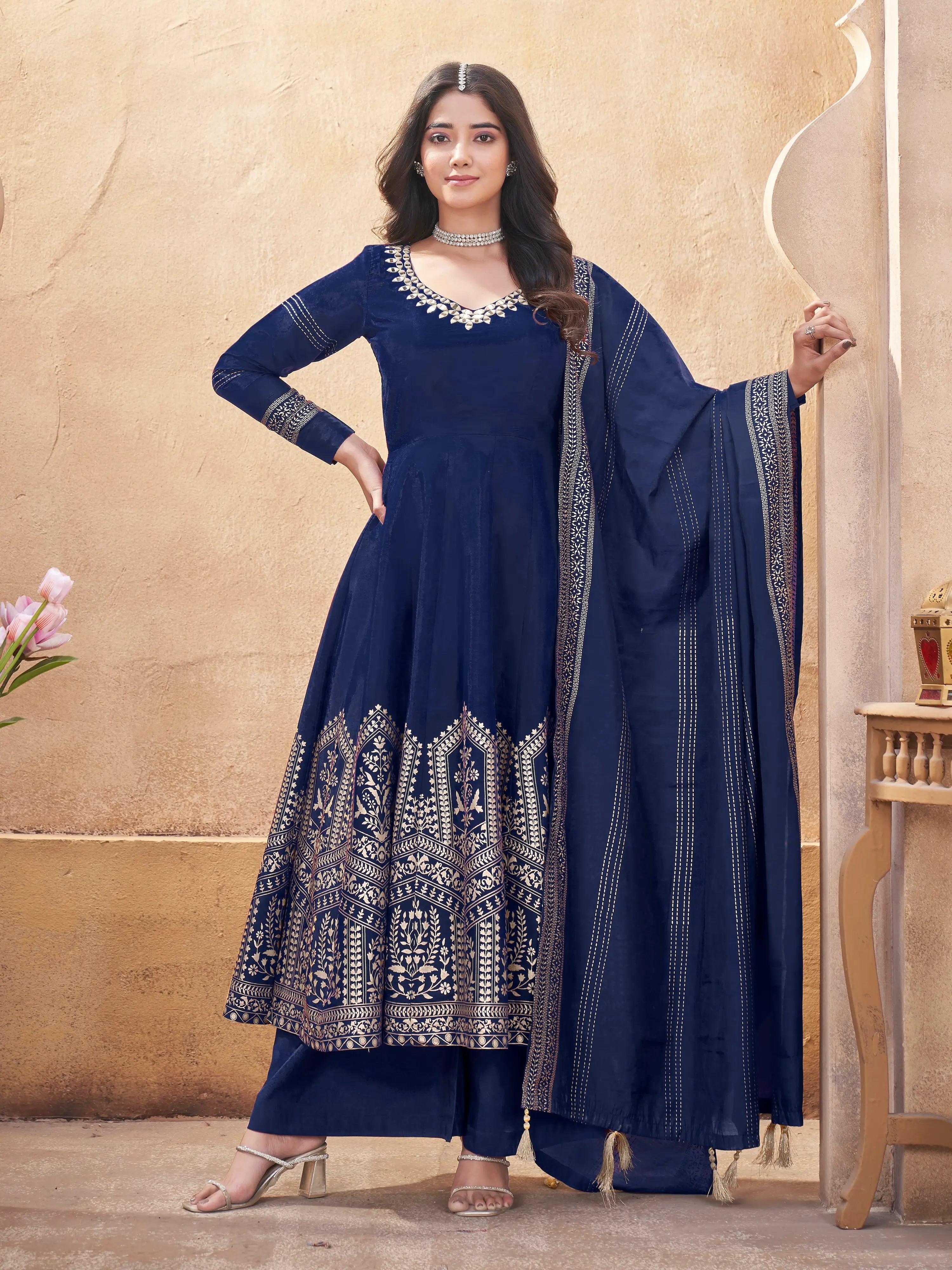 Navy Blue Mirror Work And Foil Print Gown With Dupatta - qivii