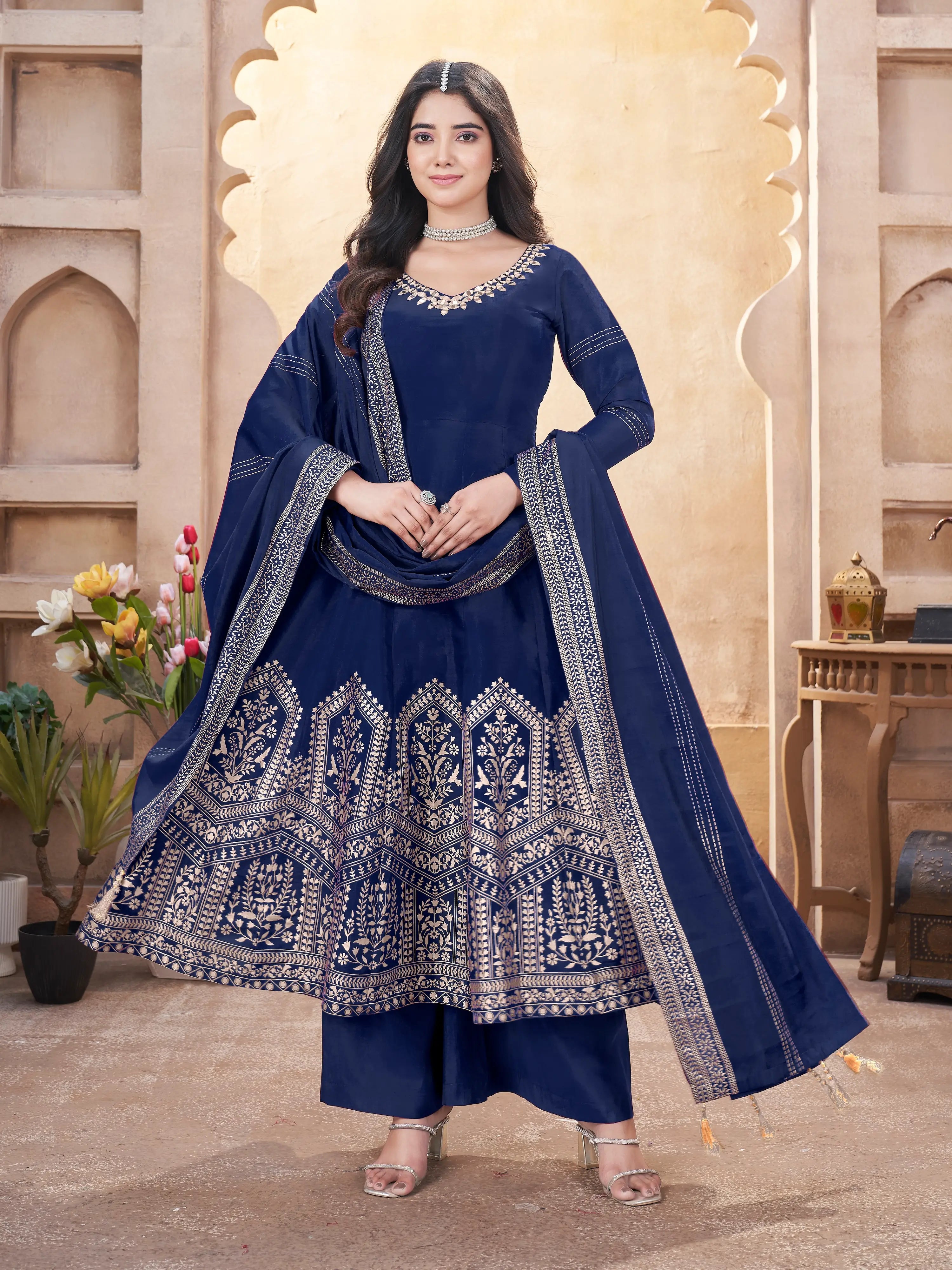 Navy Blue Mirror Work And Foil Print Silk Salwar Suit - qivii