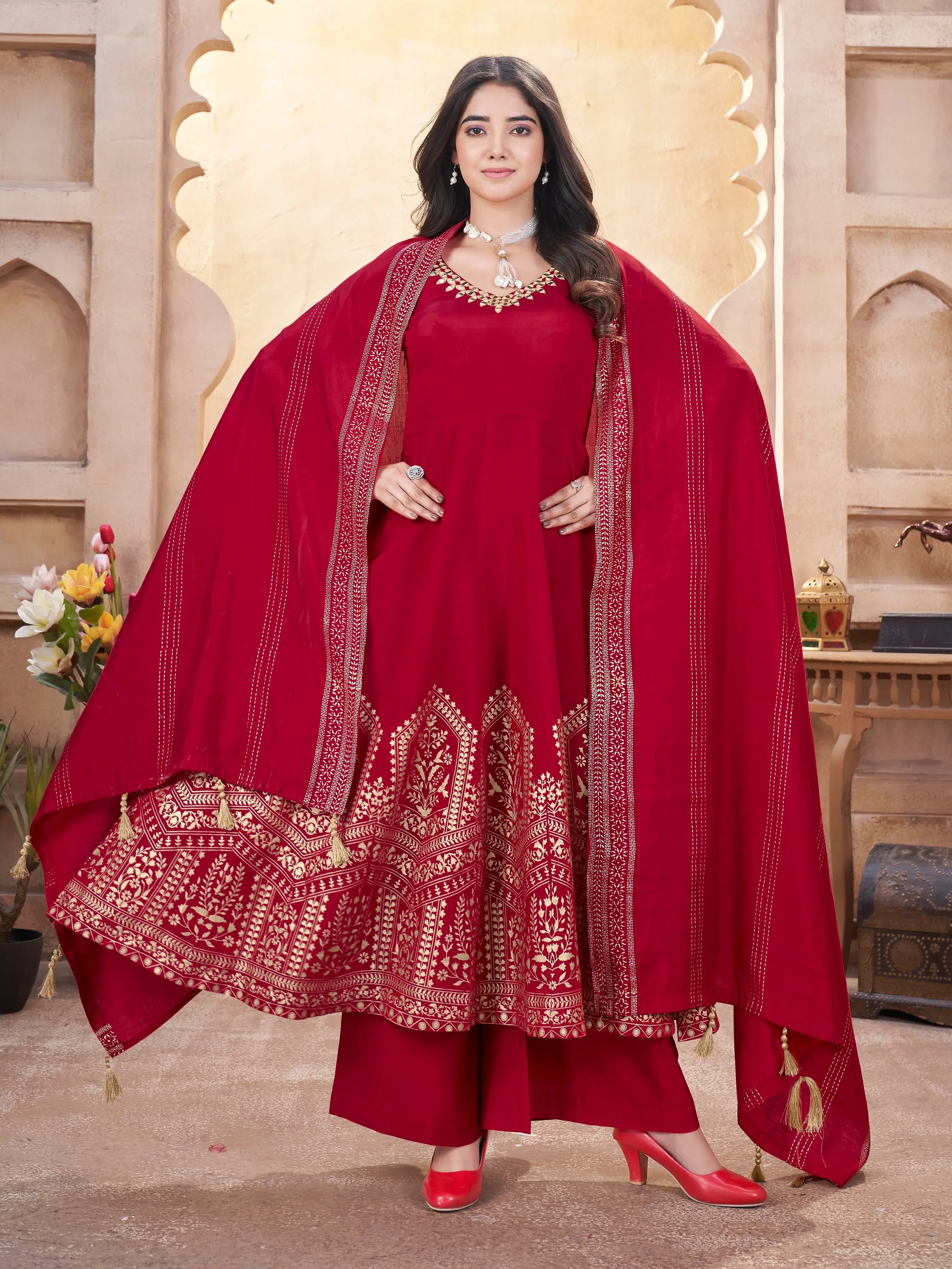 Red Mirror Work And Foil Print Silk Salwar Suit