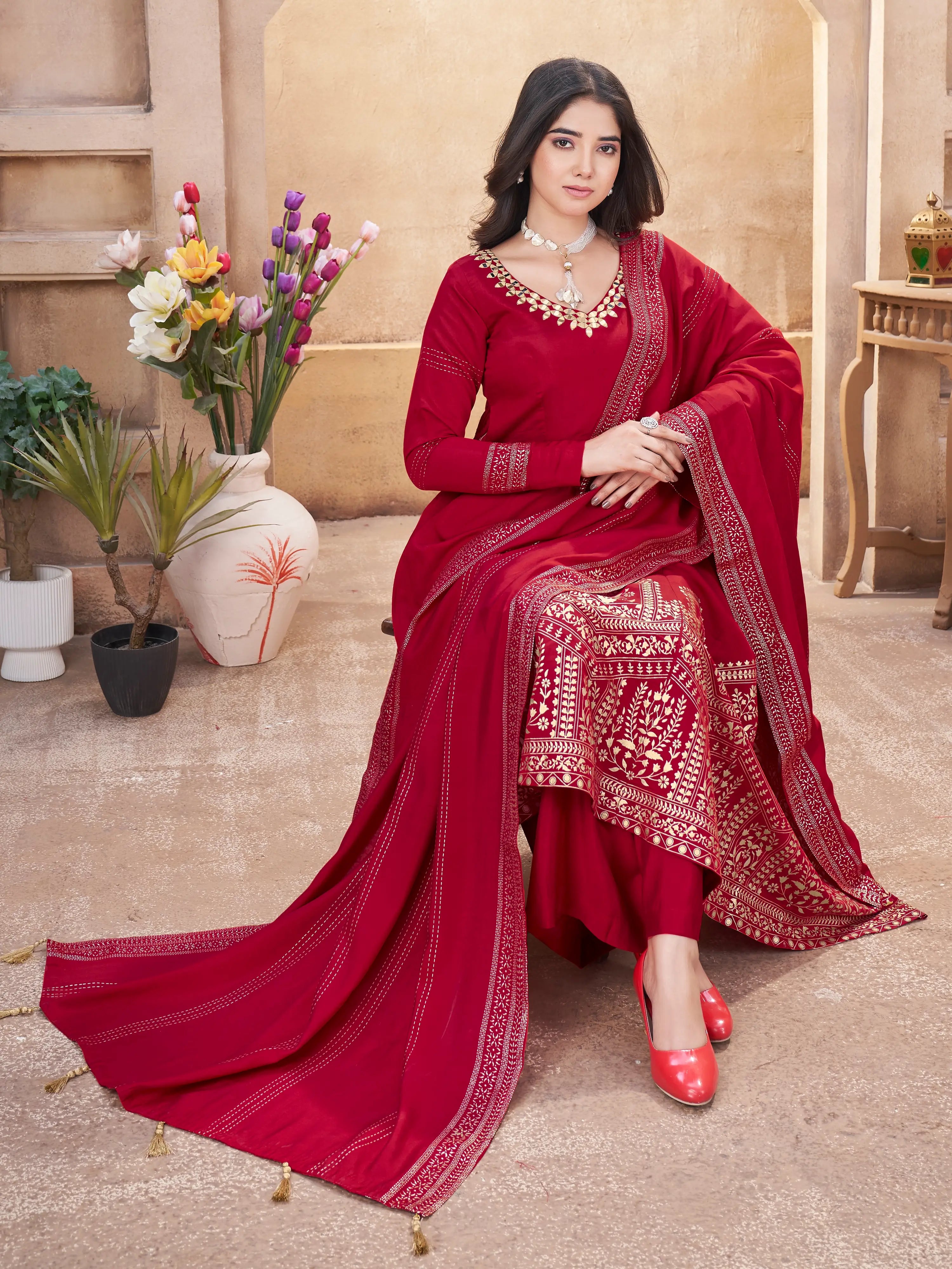 Red Mirror Work And Foil Print Silk Salwar Suit