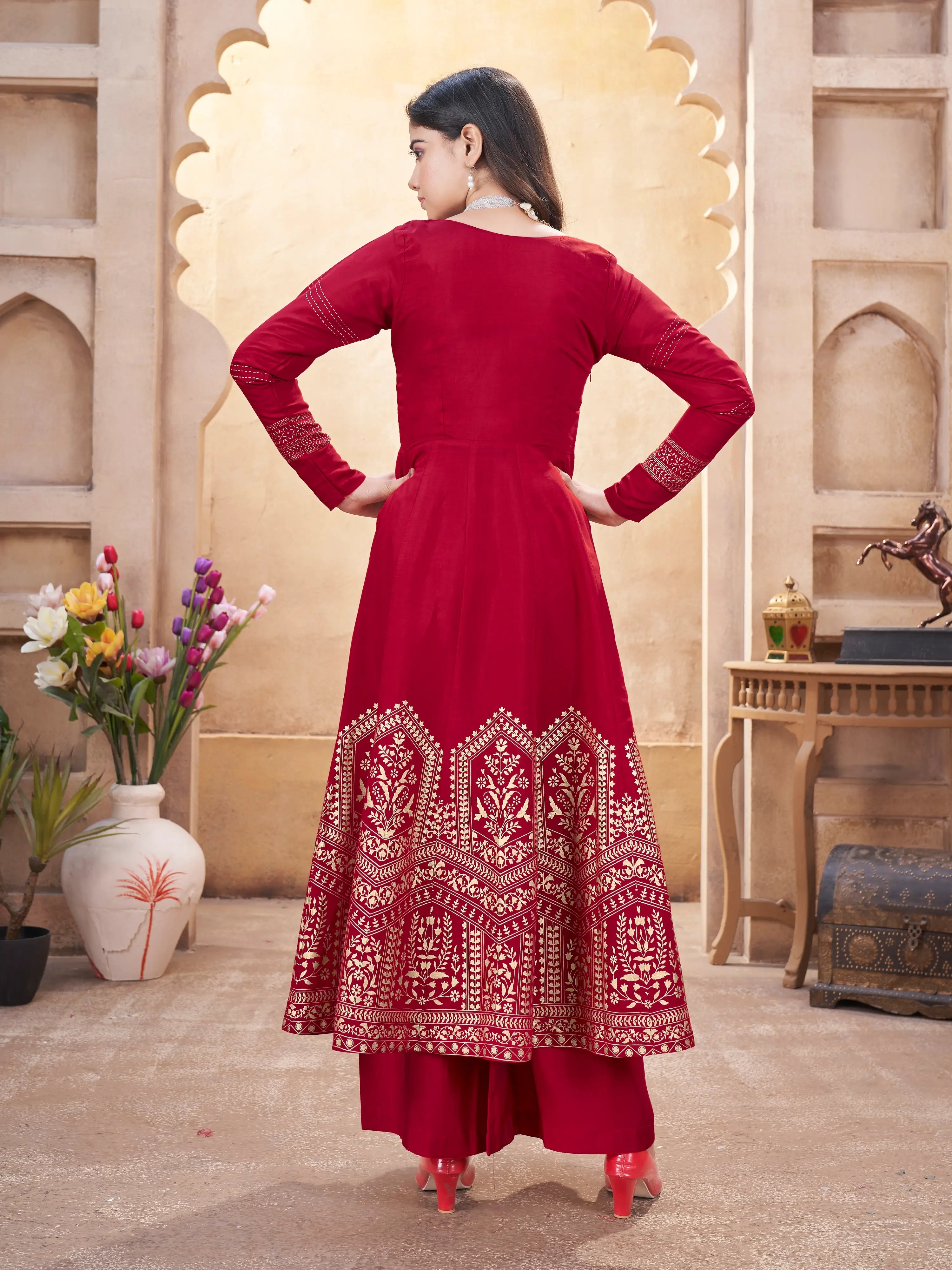 Red Mirror Work And Foil Print Silk Salwar Suit